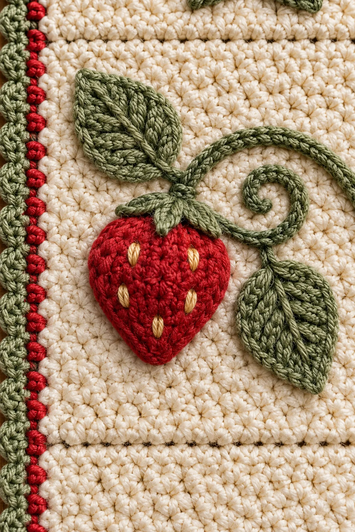 Close-up of shaped red crochet strawberry gold seeds sage leaves moss stitch and corded border