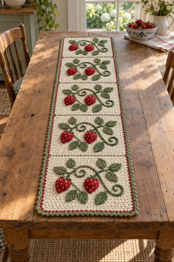 Finished cream crochet strawberry garden table runner with ten red berries sage vines and leaves