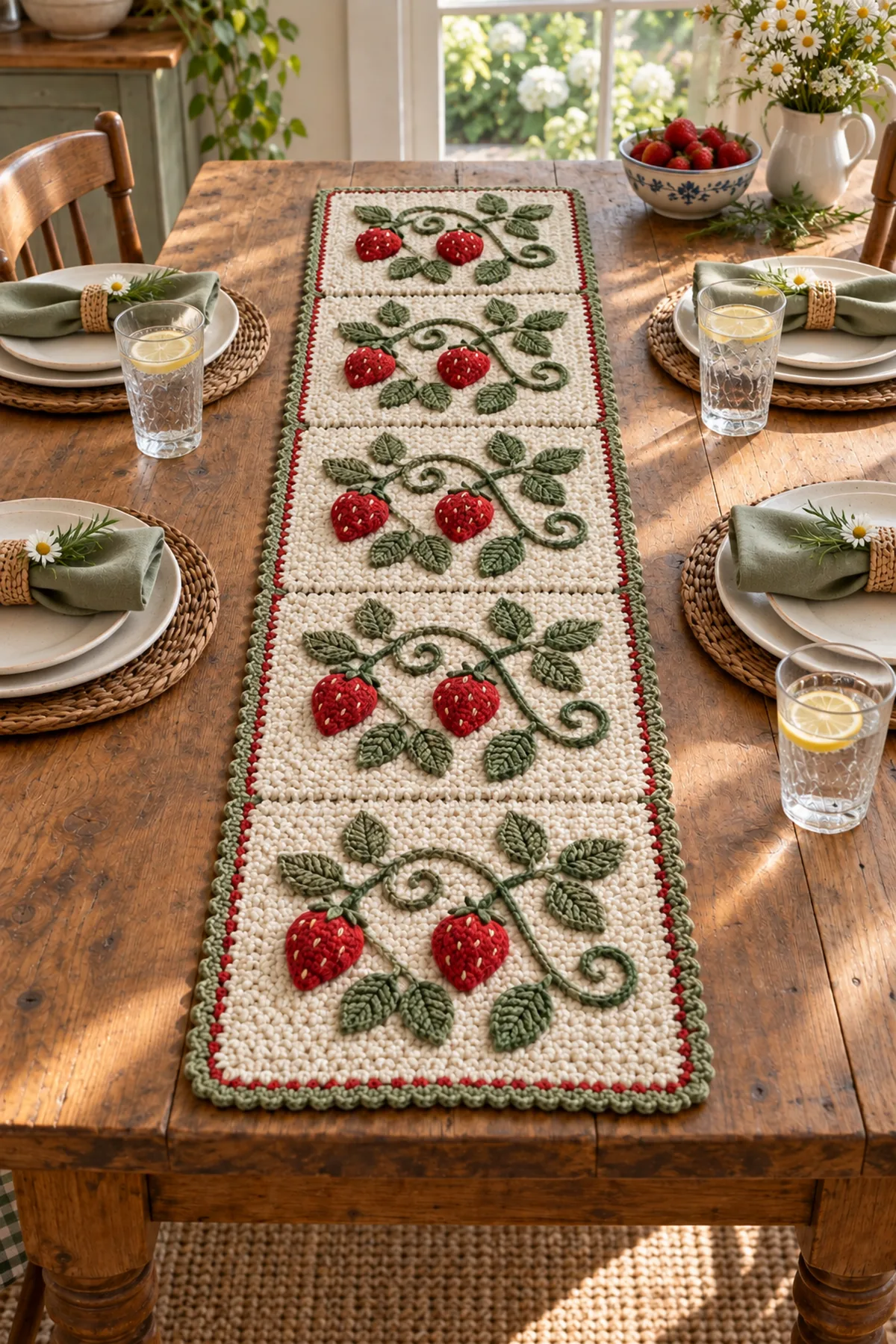 Crochet strawberry garden table runner styled with summer tableware and fresh strawberries