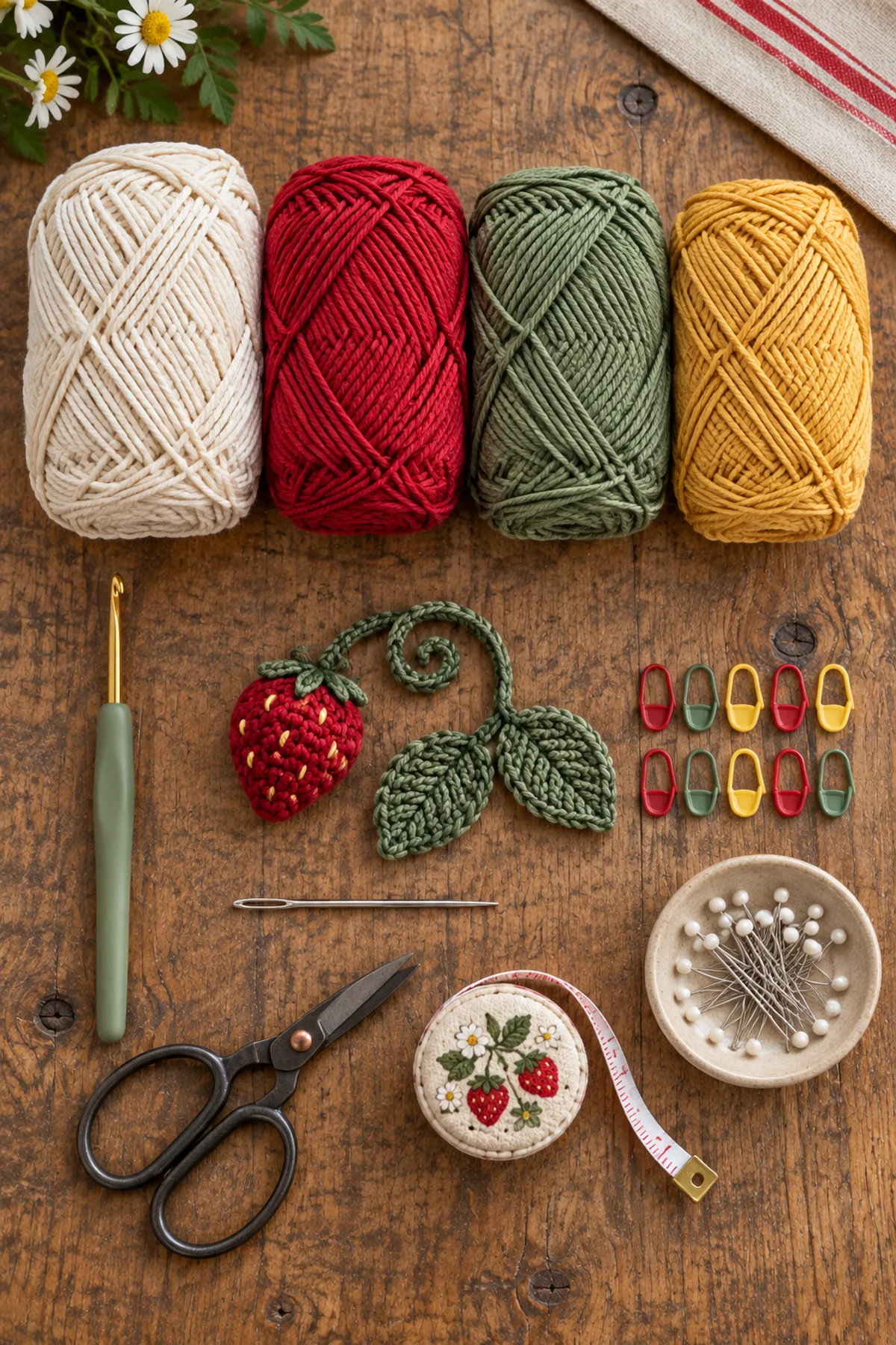 Cream red sage and gold cotton yarn with crochet hook markers needle scissors and blocking tools