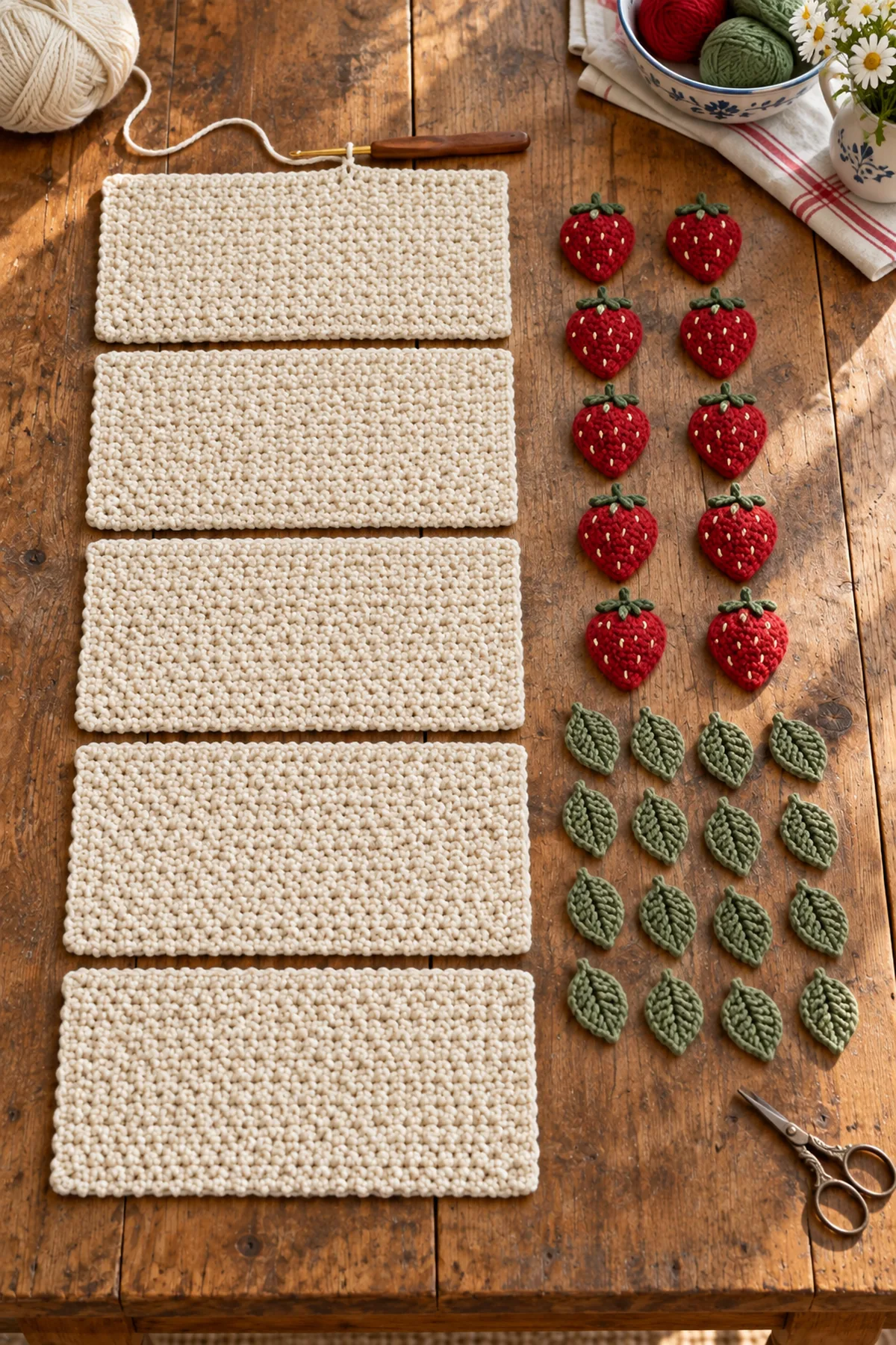 Five cream moss stitch crochet panels and shaped red strawberries in progress