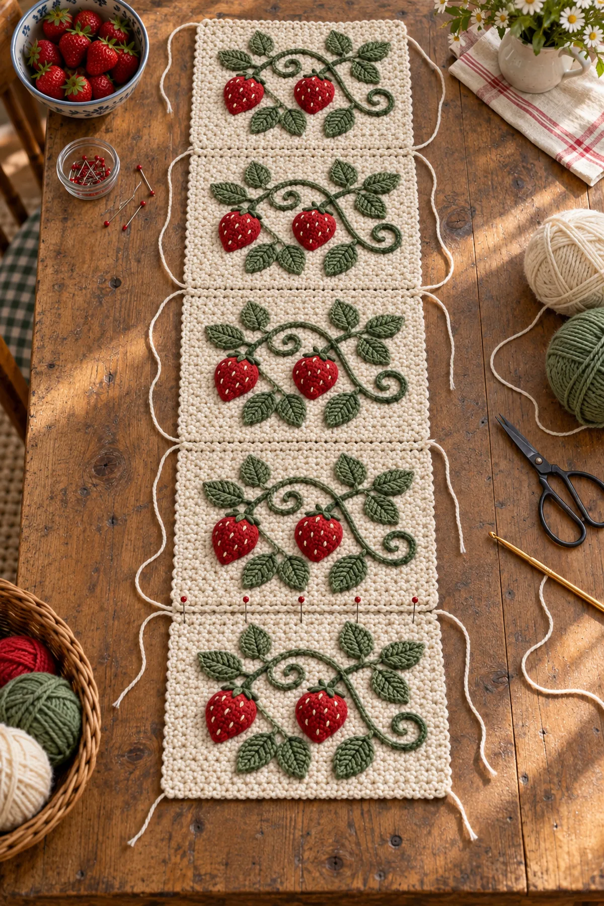 Cream garden panels with sage surface vines strawberries and leaves arranged before joining