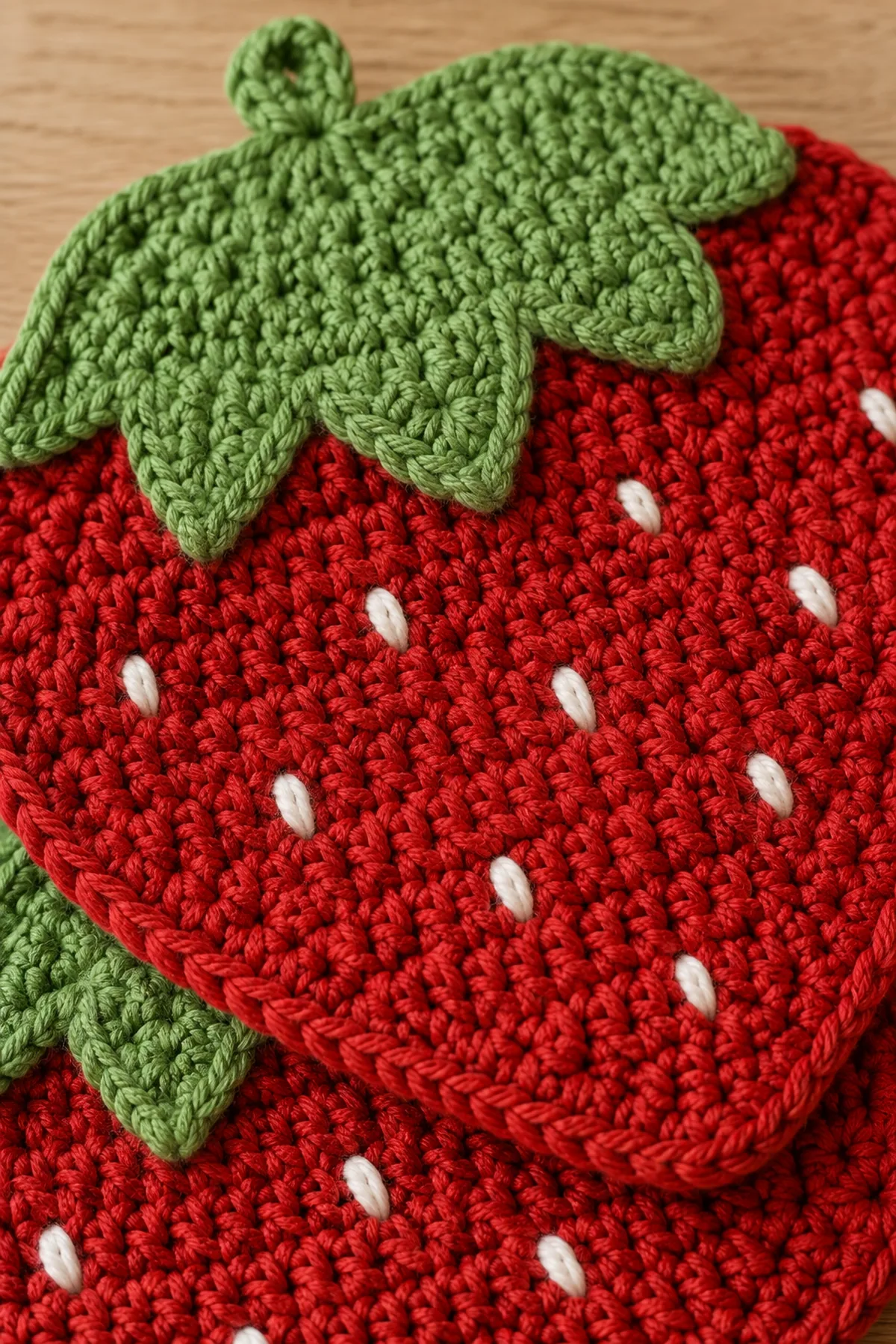 Close-up of the stitch texture and finishing details on crochet strawberry mug rugs