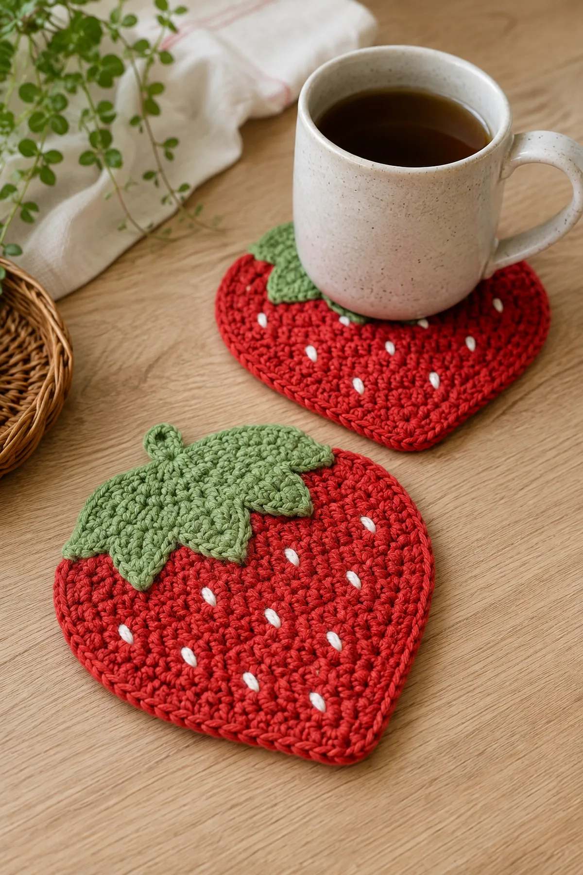 Finished crochet strawberry mug rugs displayed with a clean handmade finish