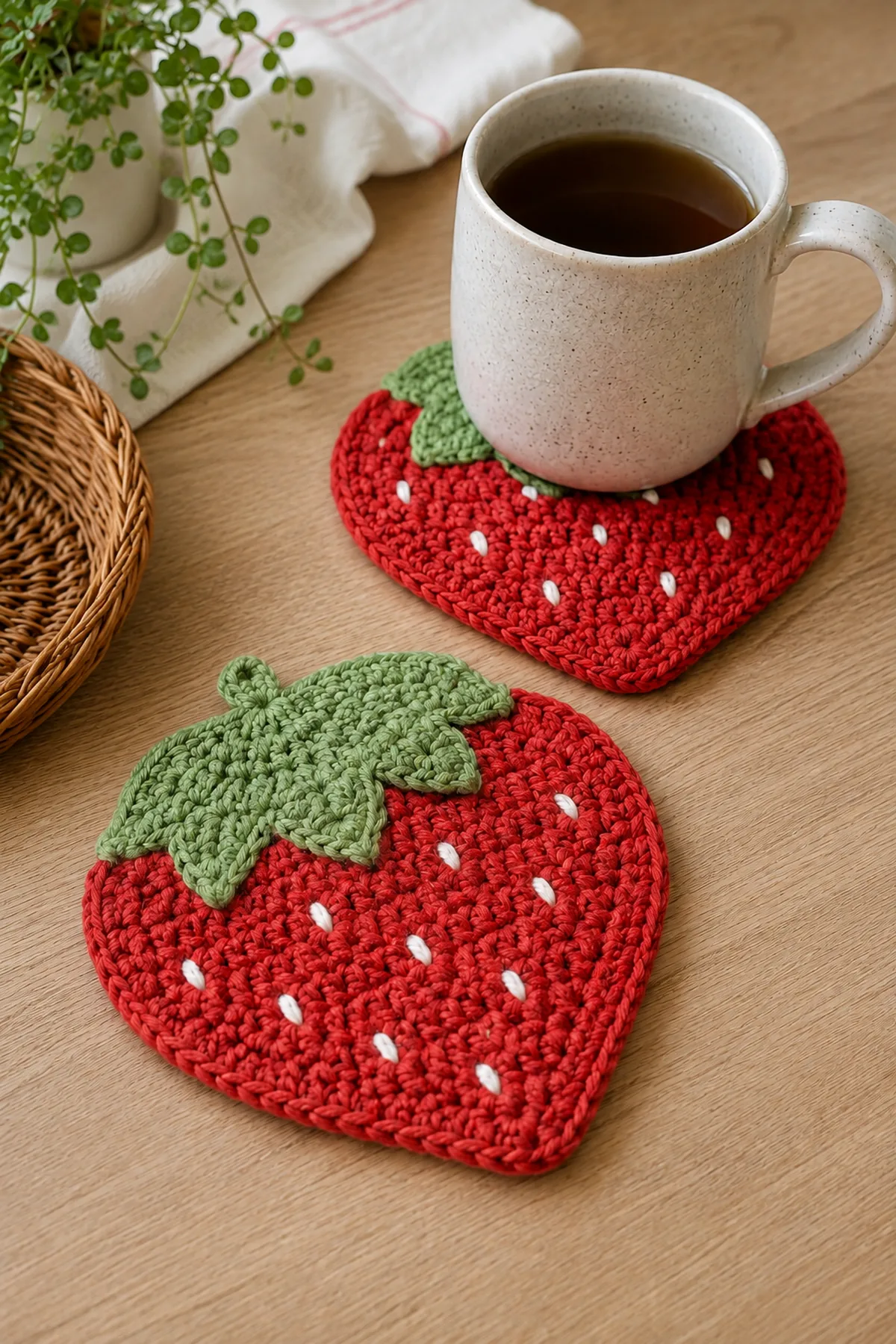 Finished crochet strawberry mug rugs styled in a bright natural setting