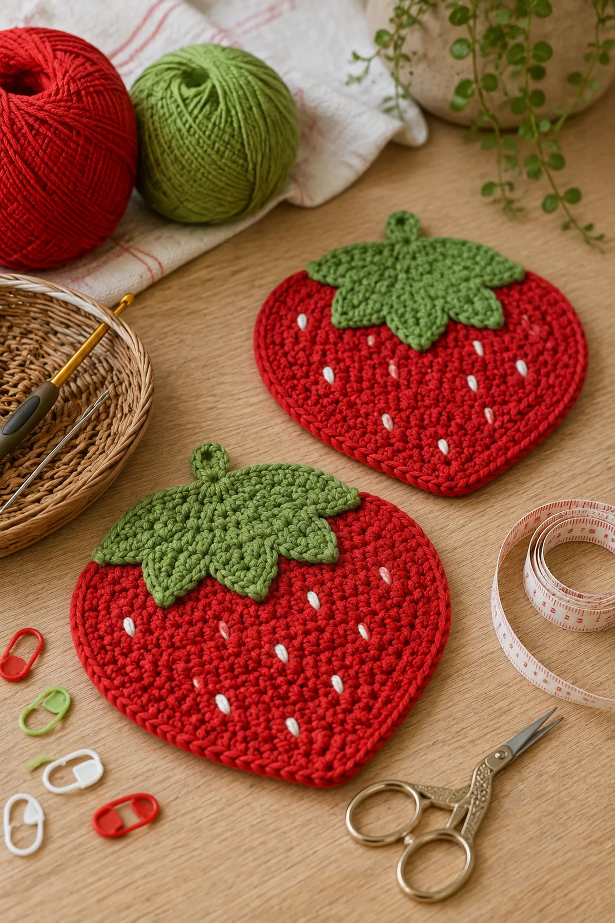 Yarn, crochet hook, stitch markers, yarn needle, tape measure, and scissors for crochet strawberry mug rugs