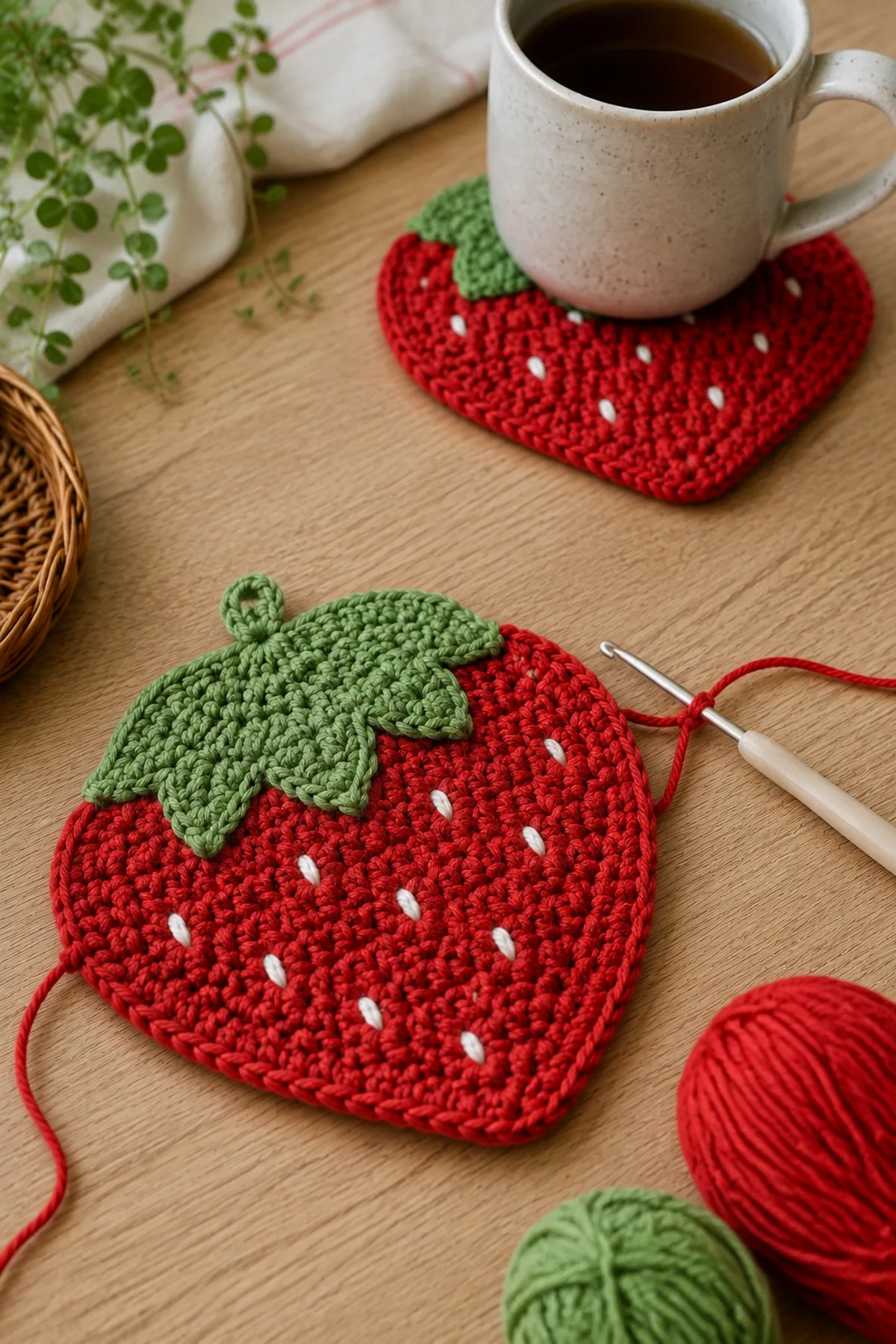 Early crochet construction stage for crochet strawberry mug rugs with working yarn and hook