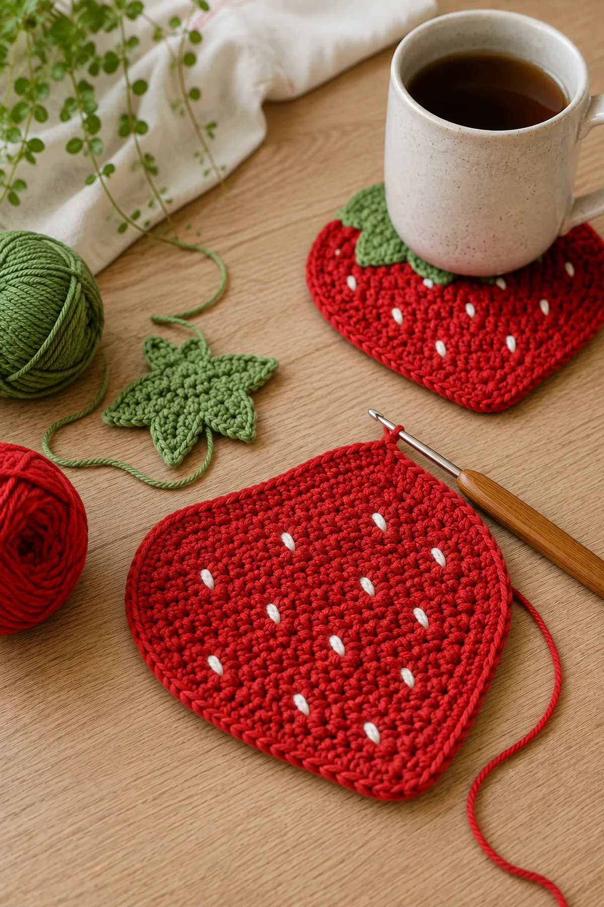 Mid-process crochet construction and shaping for crochet strawberry mug rugs
