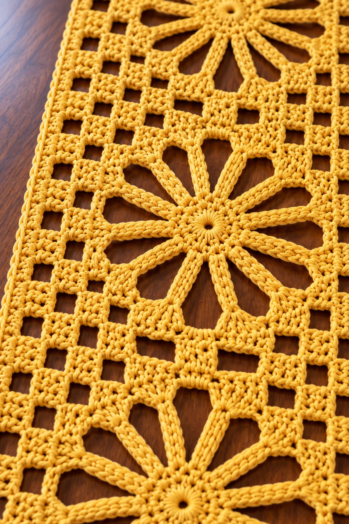 Close-up of twelve spoke crochet sunburst flowers square filet windows and neat border