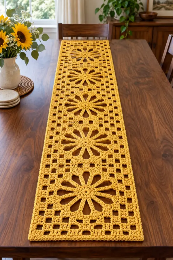 Finished sunflower gold crochet sunburst floral lace table runner with five flower columns and filet windows