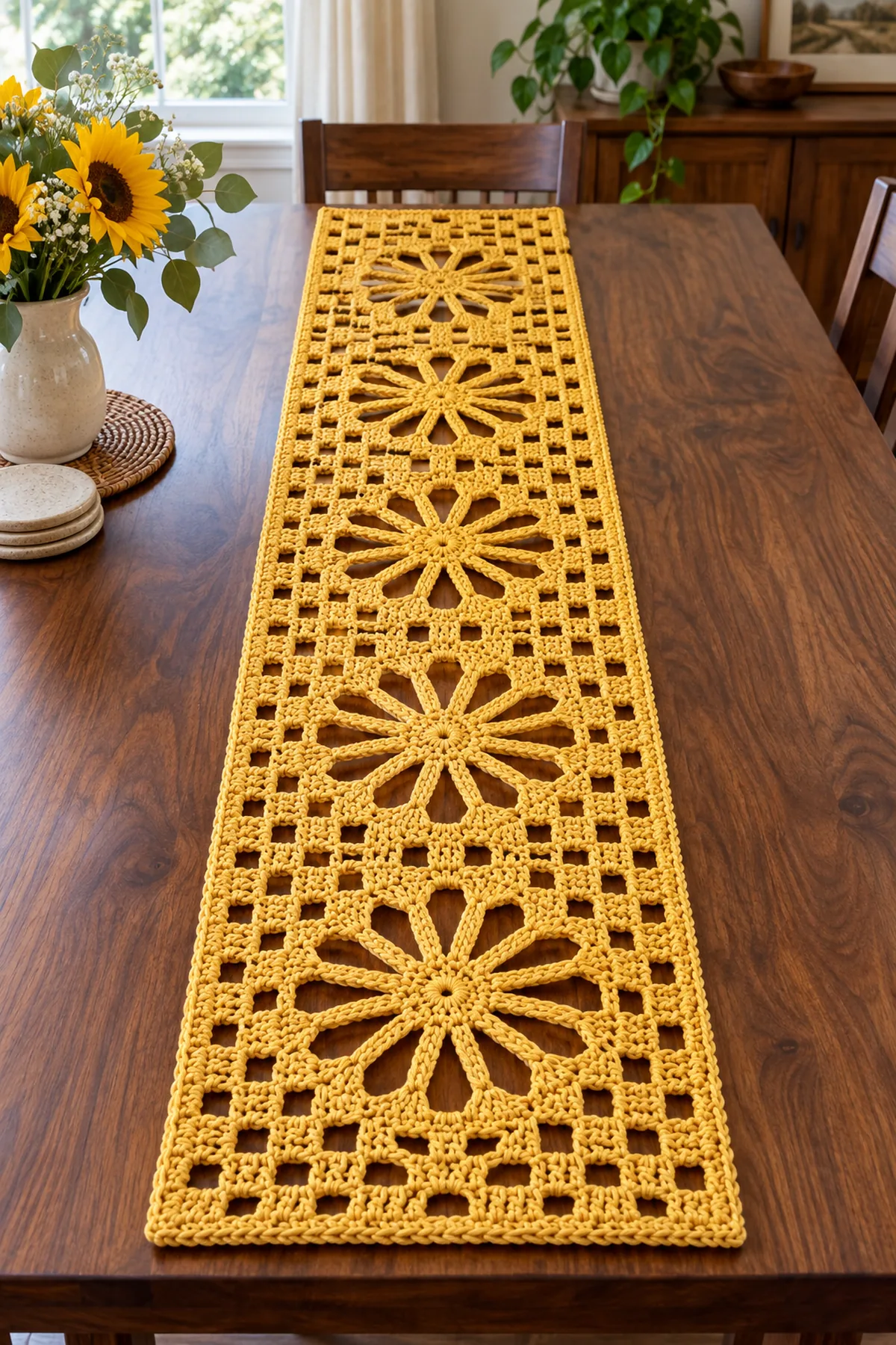 Finished sunflower gold crochet sunburst floral lace table runner with five flower columns and filet windows