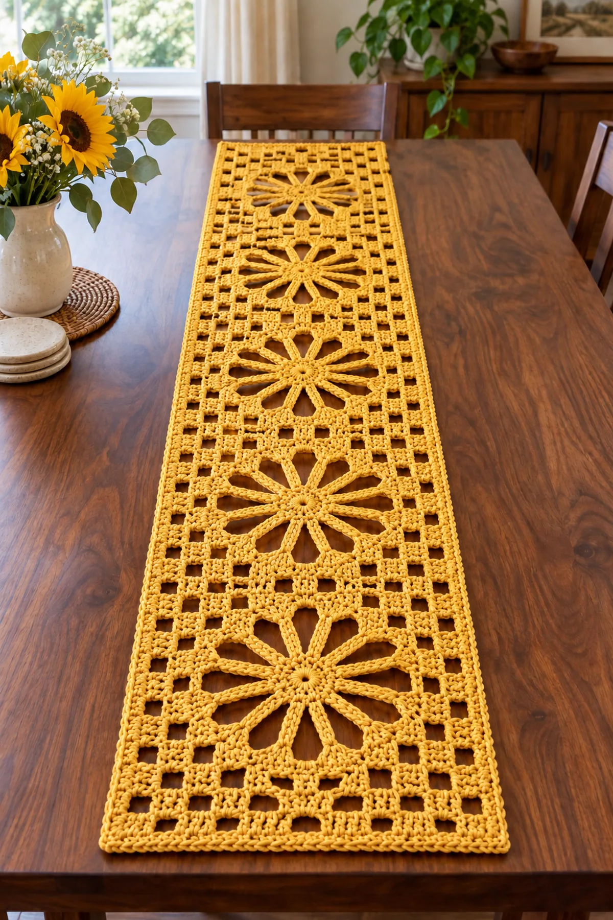 Golden sunburst floral lace crochet table runner styled on a walnut dining table
