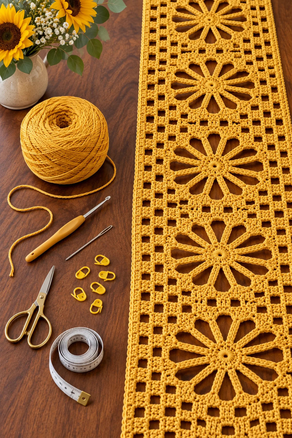 Sunflower gold DK cotton crochet hook markers needle scissors row counter and blocking pins