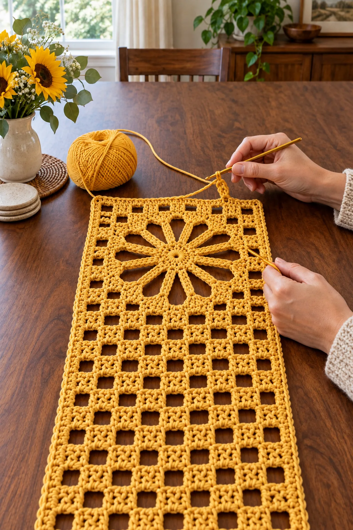 Gold 81 stitch lace foundation with the first sunburst flower row in progress