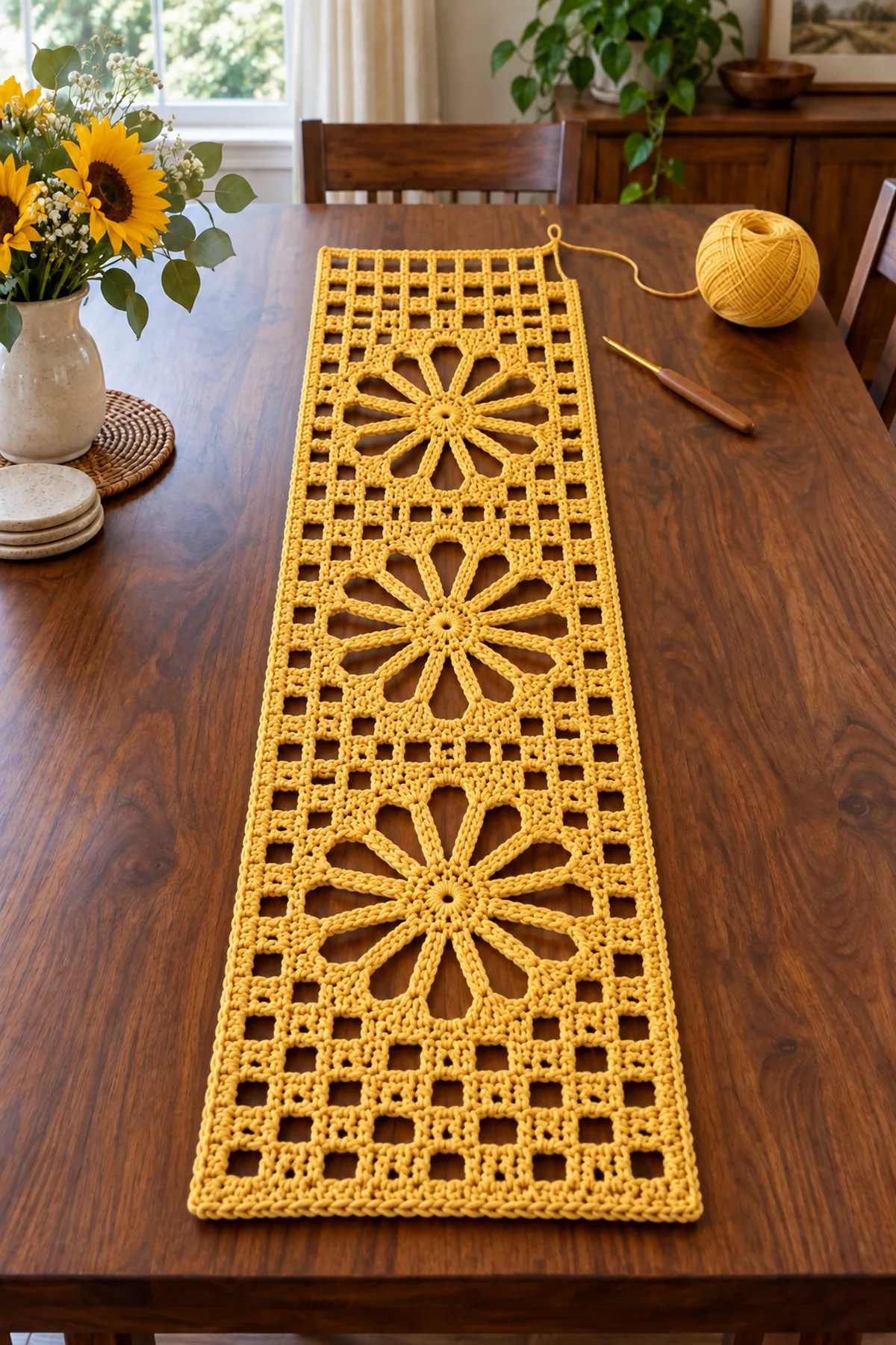 Partly completed sunburst floral runner beside an original flower and filet chart guide