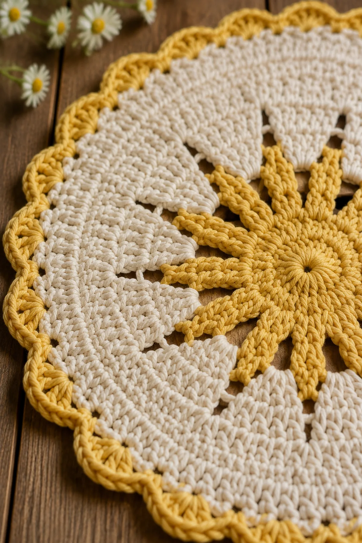 Close-up of the stitch texture and finishing details on crochet sunburst tea mat