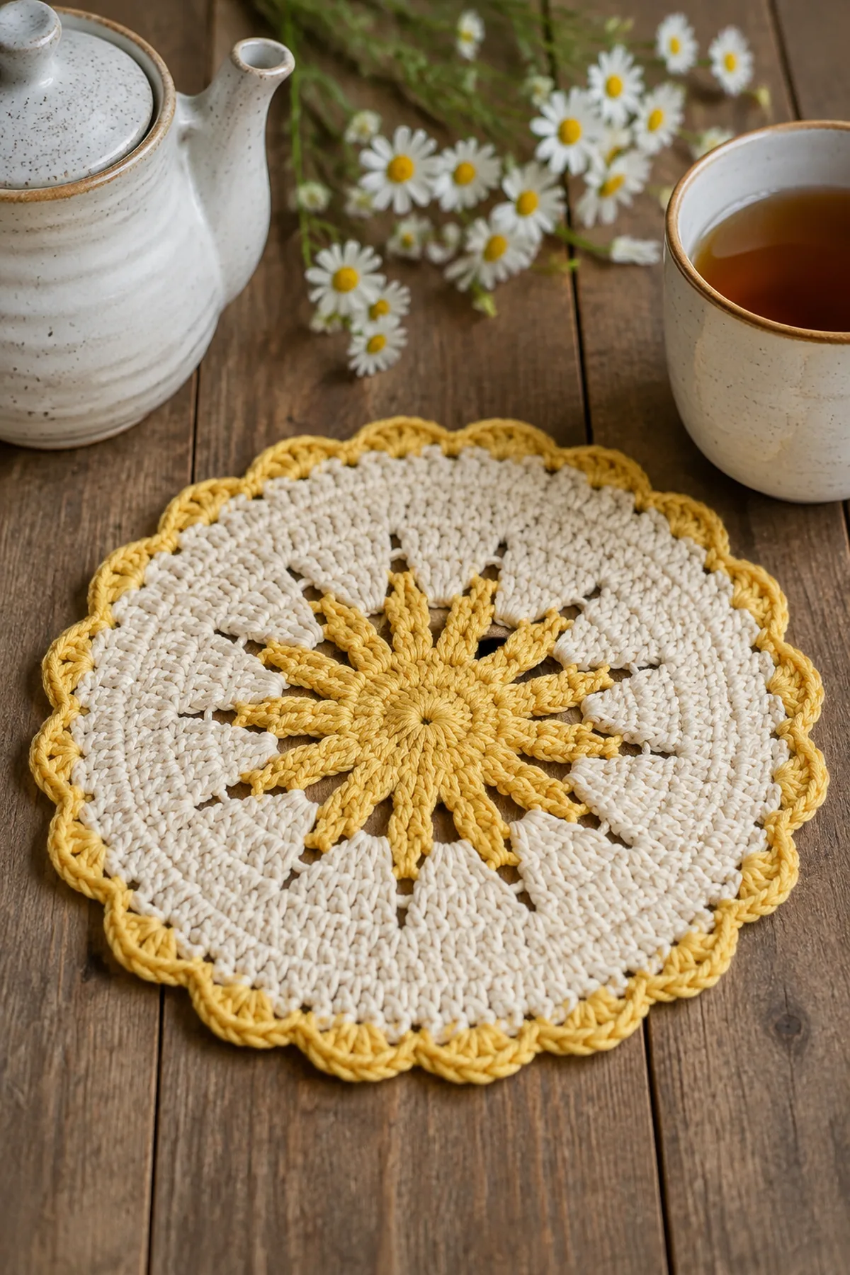 Finished crochet sunburst tea mat displayed with a clean handmade finish
