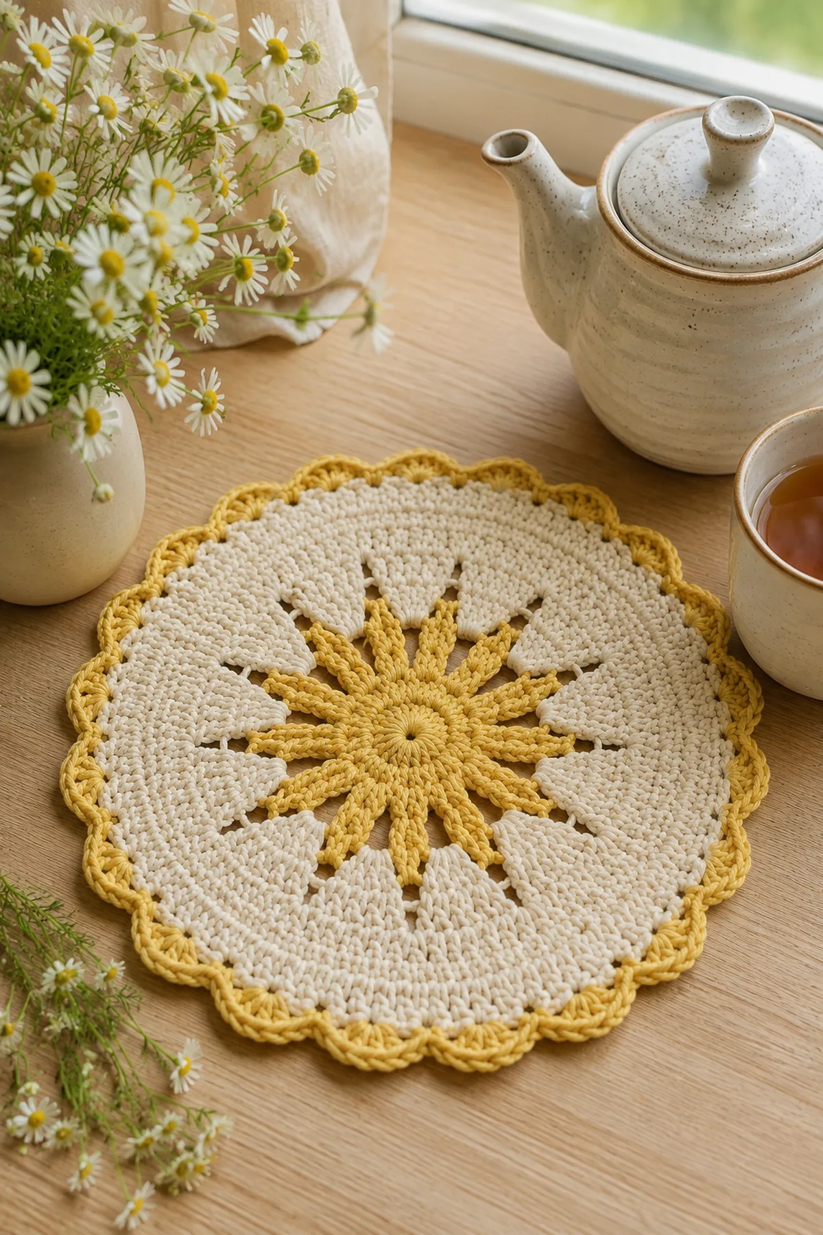 Finished crochet sunburst tea mat styled in a bright natural setting