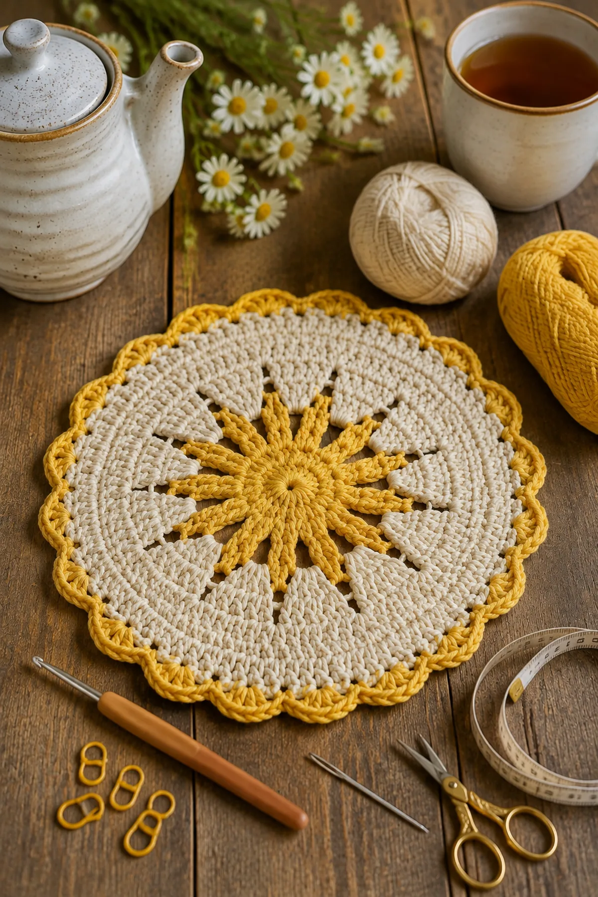 Yarn, crochet hook, stitch markers, yarn needle, tape measure, and scissors for crochet sunburst tea mat