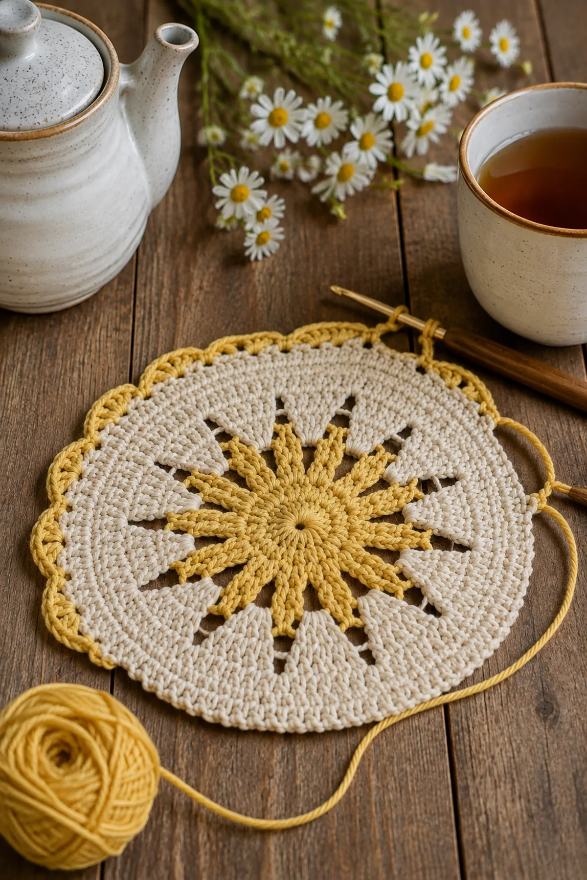 Early crochet construction stage for crochet sunburst tea mat with working yarn and hook