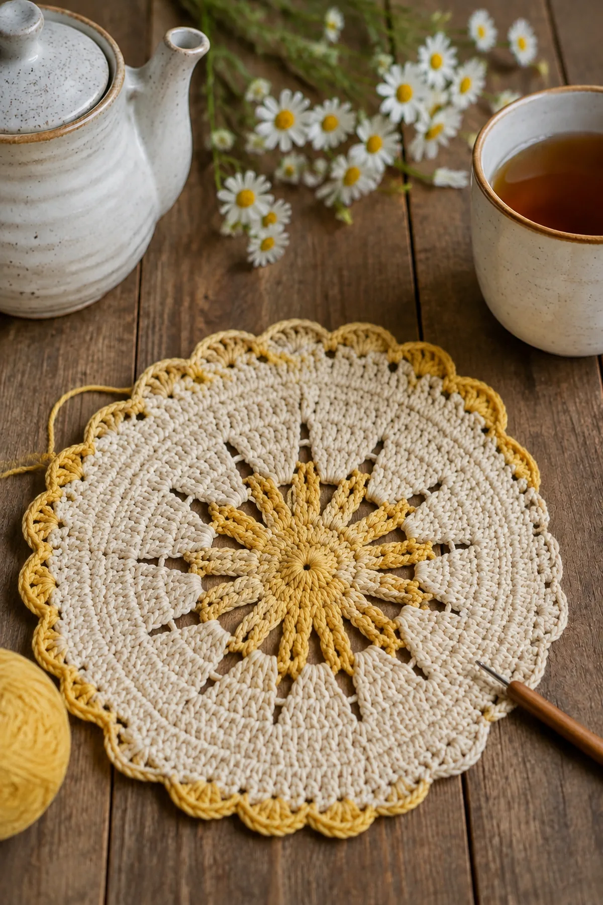 Mid-process crochet construction and shaping for crochet sunburst tea mat