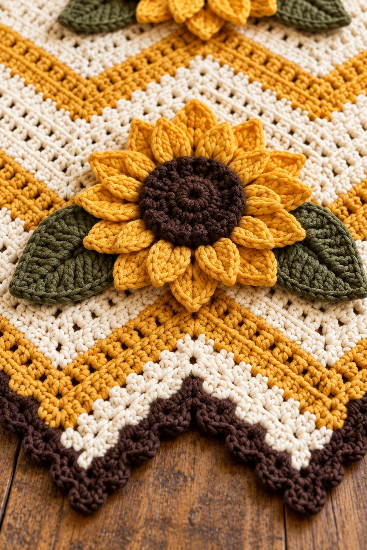 Close-up of raised golden sunflower petals brown center olive leaf and crab stitch border