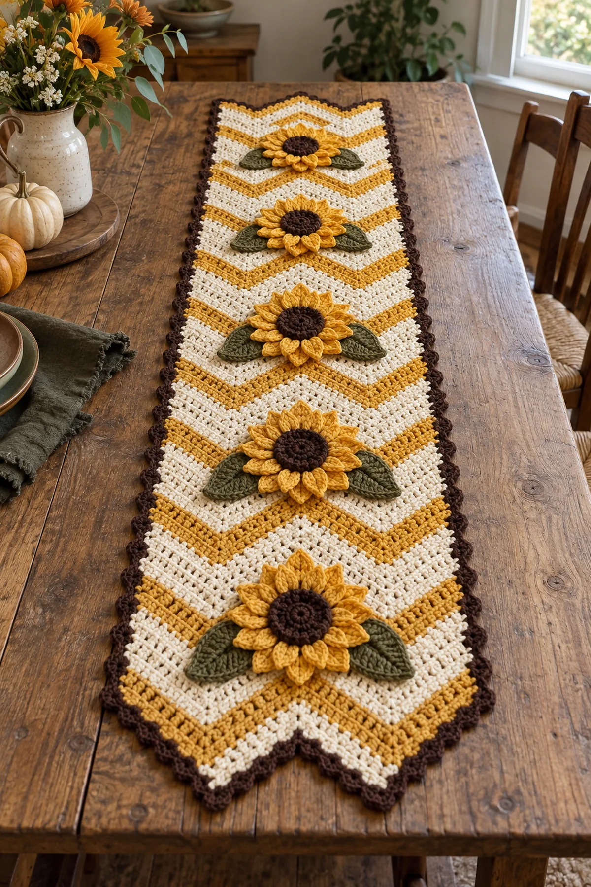 Finished cream and gold chevron crochet table runner with five layered sunflowers and olive leaves