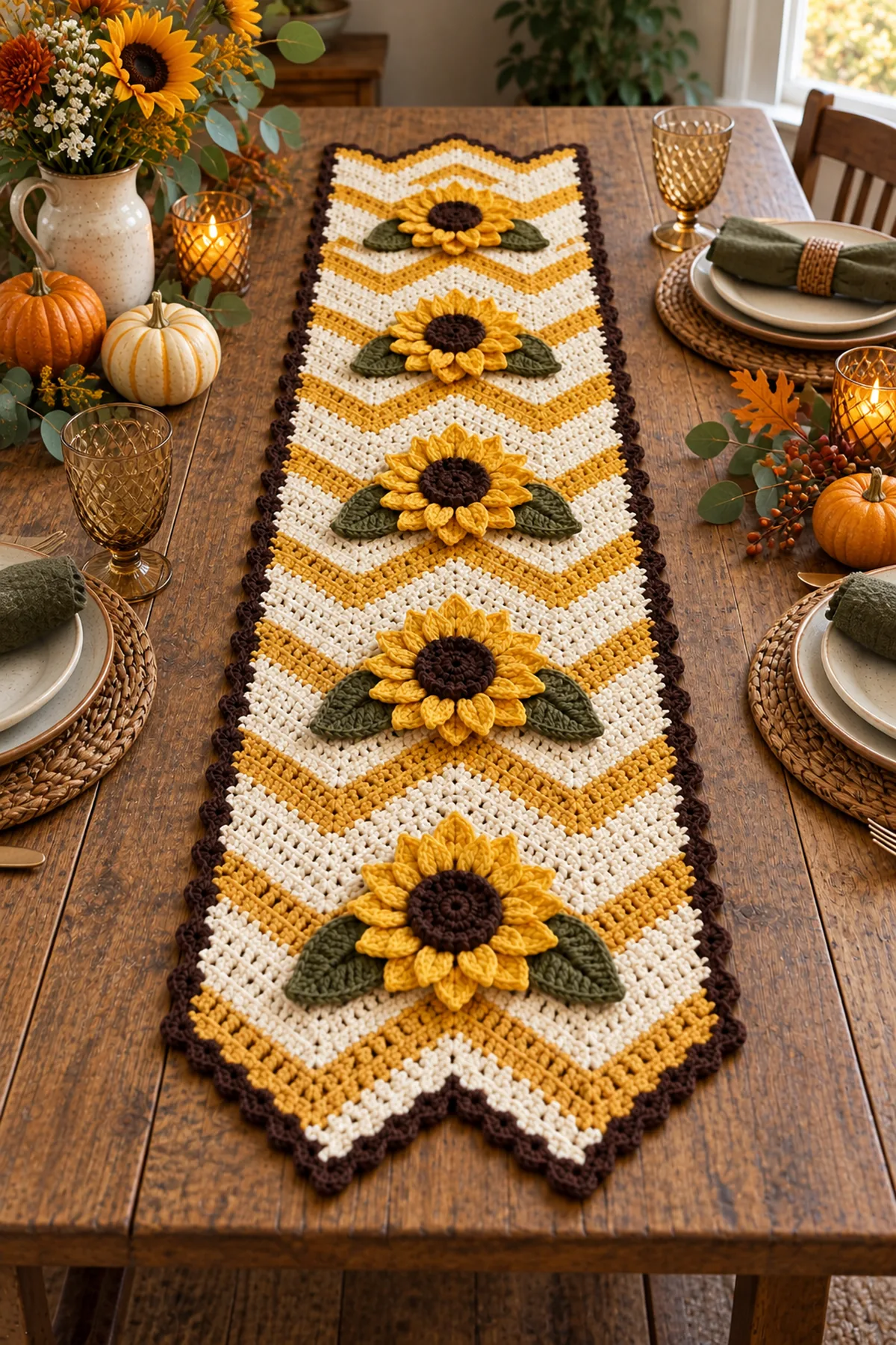 Sunflower harvest crochet table runner styled beneath a seasonal dining centerpiece