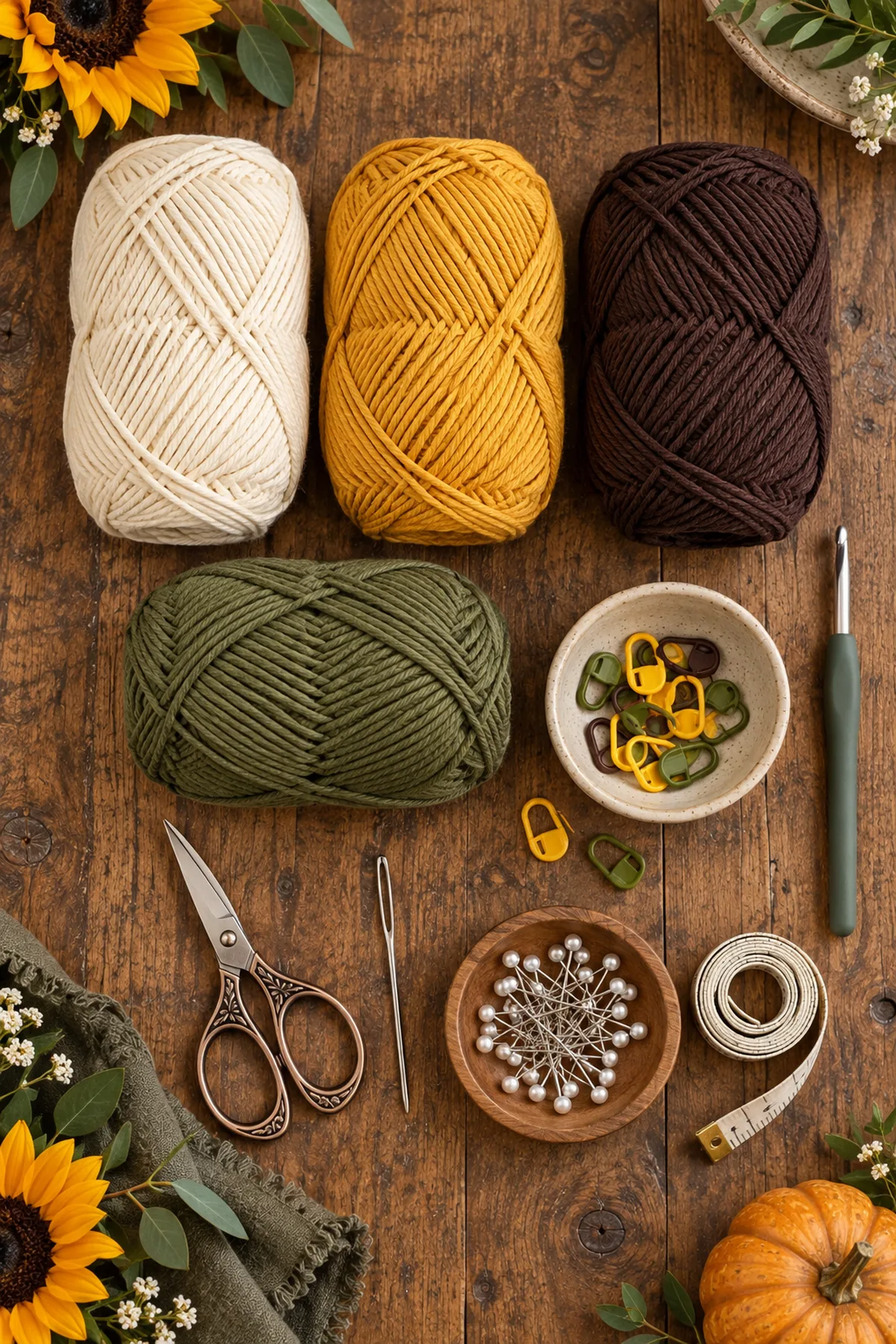 Cream gold brown and olive cotton yarn with crochet hook markers needle scissors tape and blocking pins