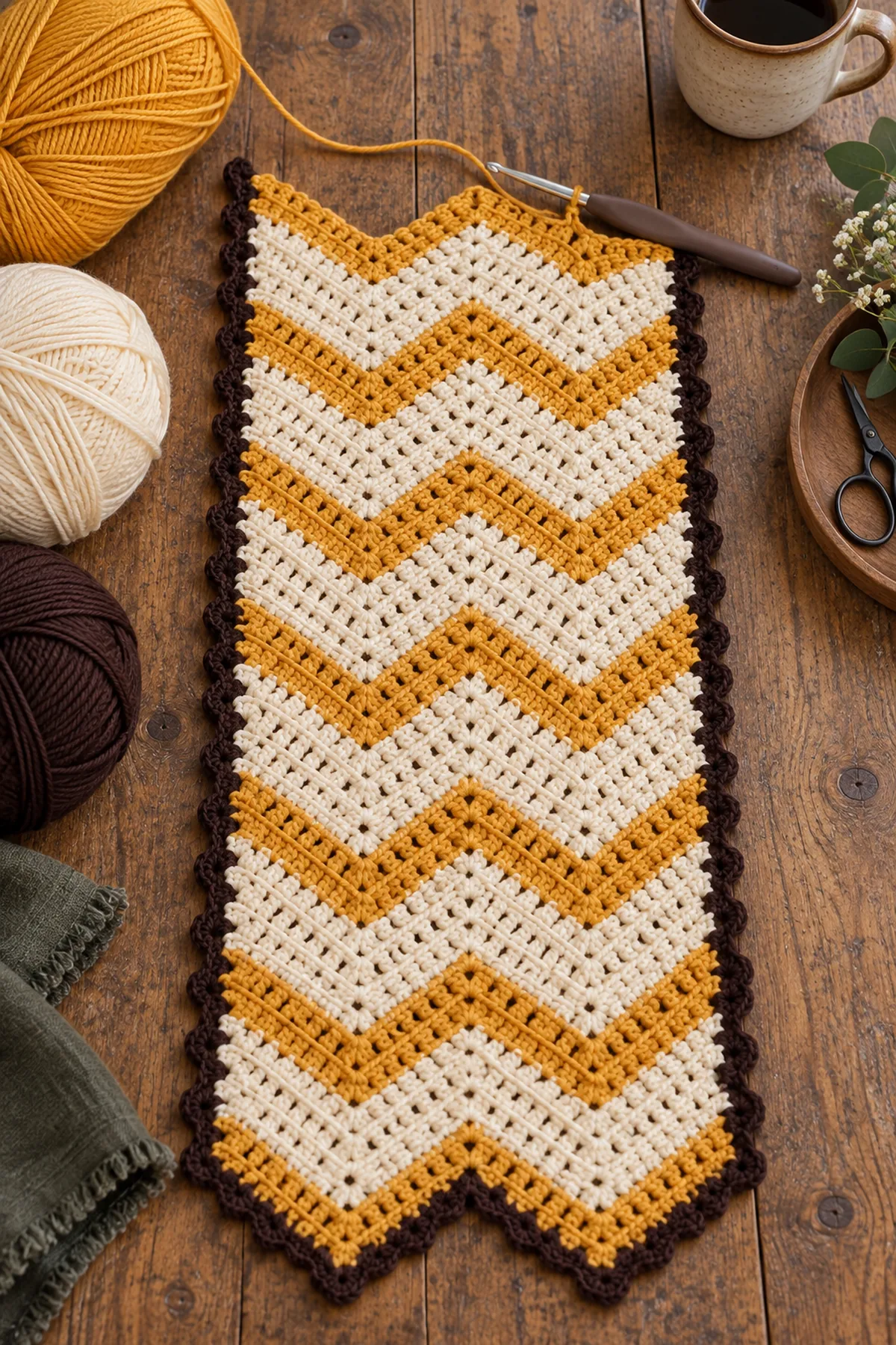 Cream and golden striped 63 stitch chevron table runner base in progress