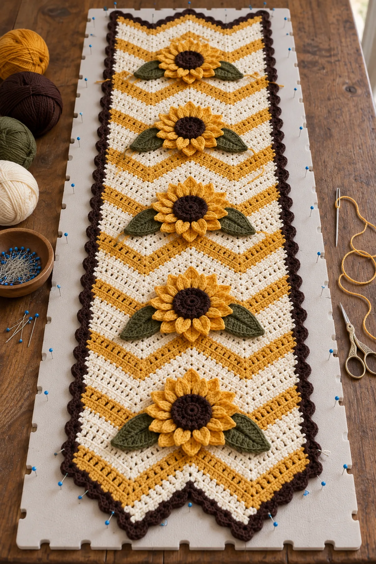 Five layered crochet sunflowers and ten olive leaves arranged on a blocked chevron runner
