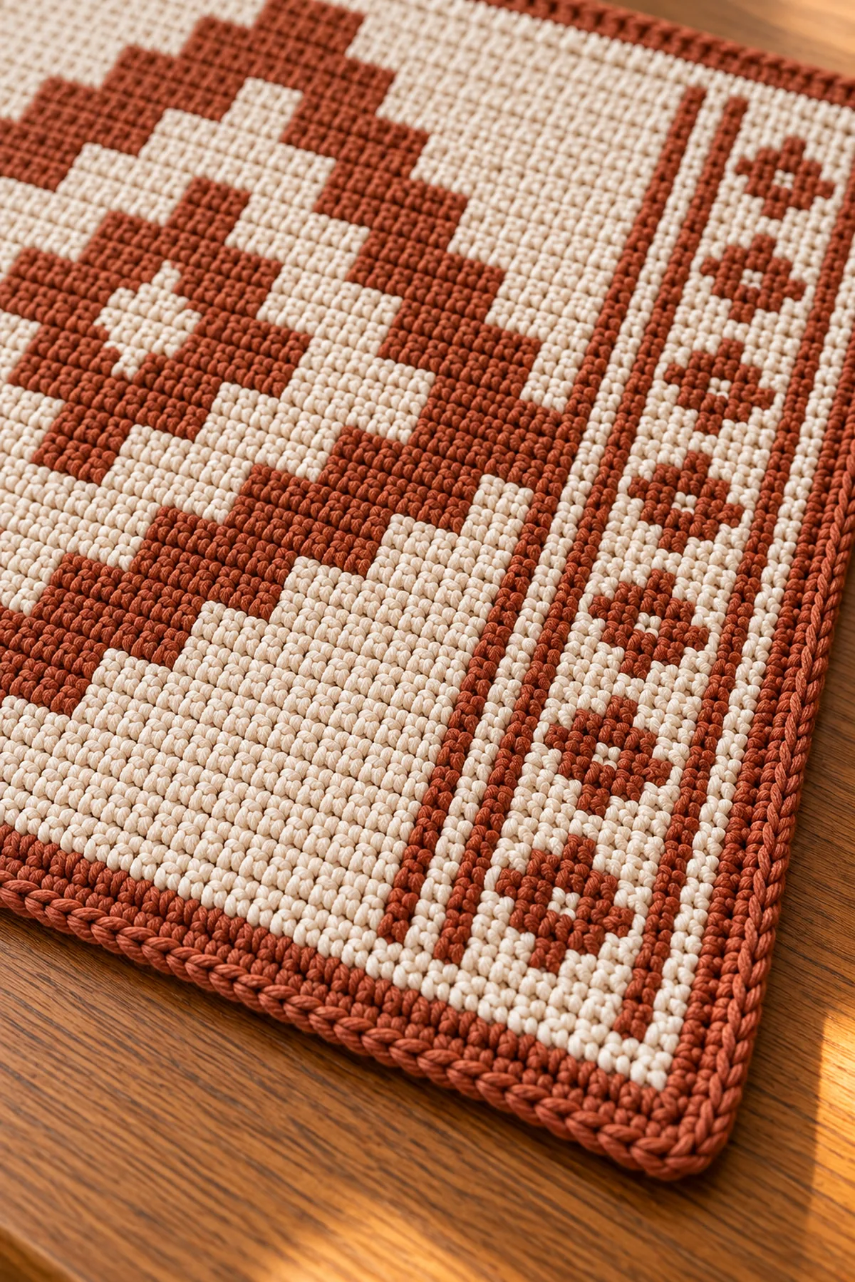 Close-up of mosaic double crochet diamond texture and envelope border