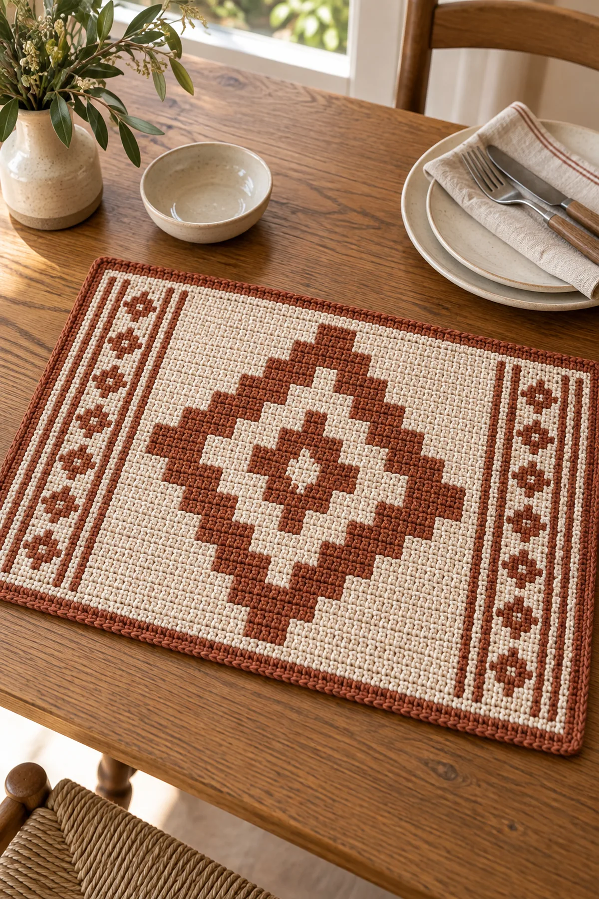 Finished terracotta and cream rectangular crochet mosaic placemat with stepped diamond