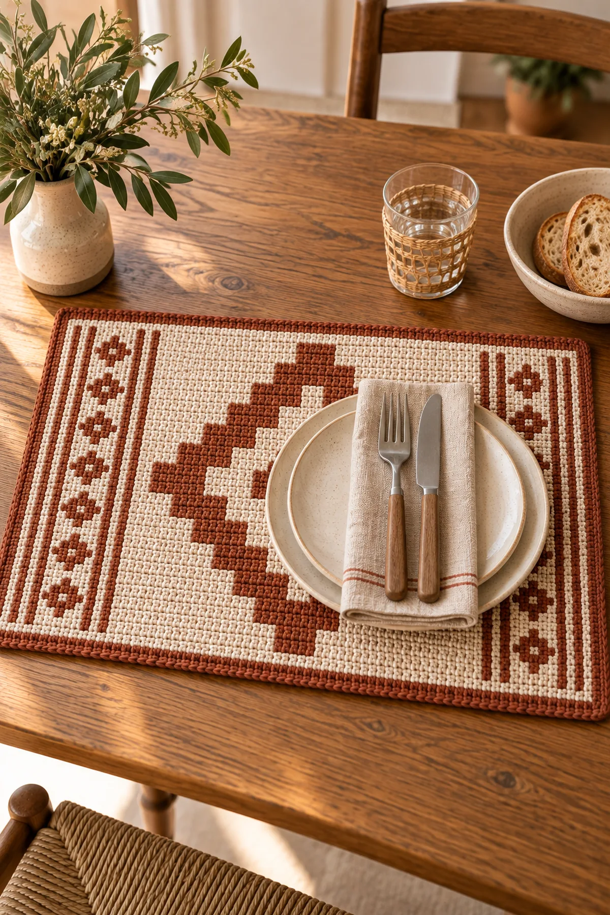 Terracotta mosaic crochet placemat styled in a warm modern table setting