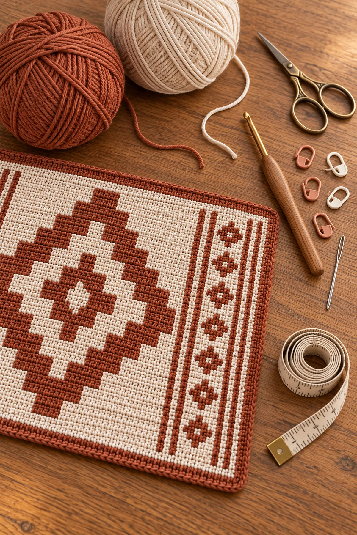 Terracotta and cream DK cotton crochet hook markers needle scissors and blocking pins