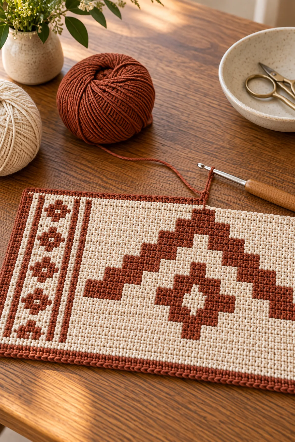 Cream 65 stitch placemat foundation with first terracotta mosaic rows