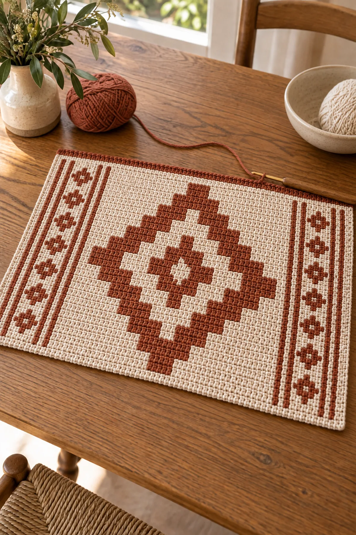 Terracotta mosaic placemat midway through the centered stepped diamond