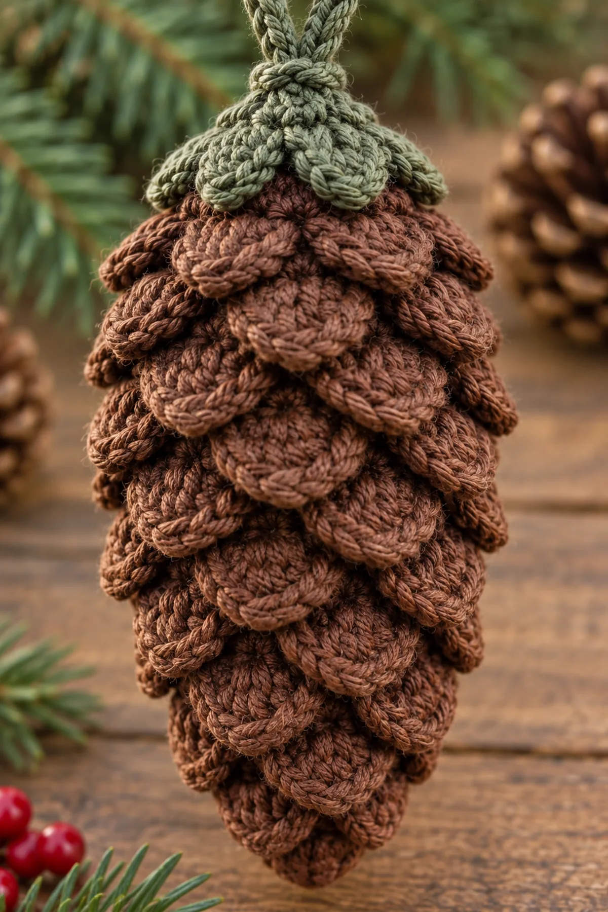 Close-up of overlapping crochet pine cone bobble scales and tapered point