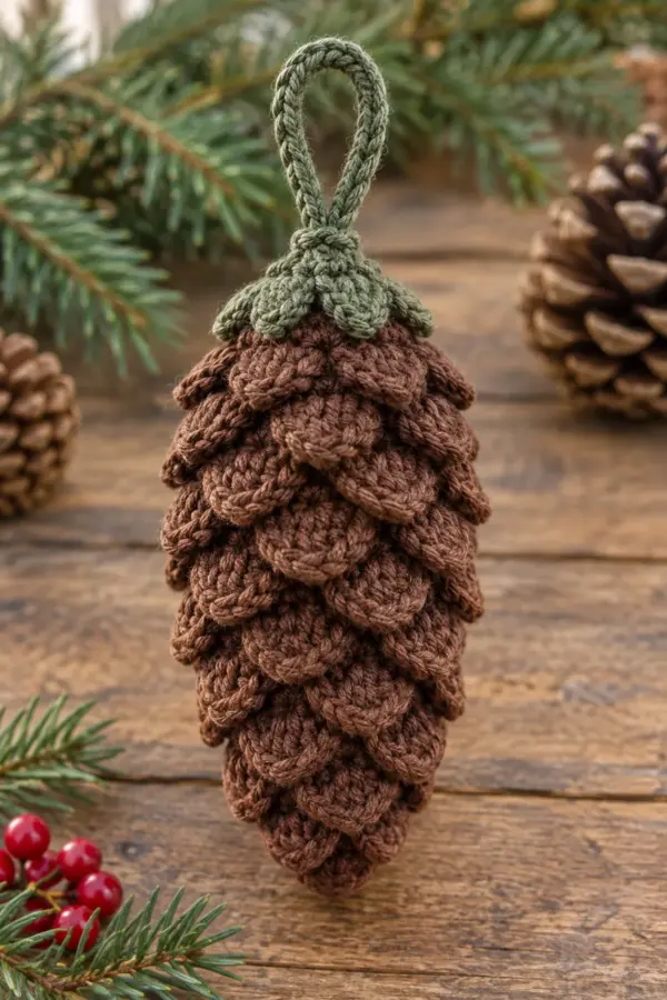 Finished deep brown crochet pine cone ornament with bobble scales evergreen cap and loop