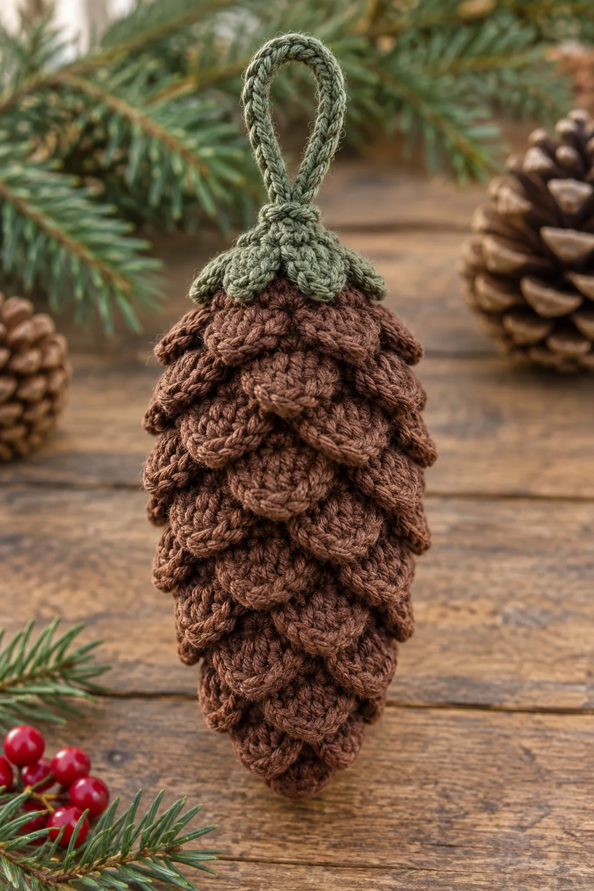Finished deep brown crochet pine cone ornament with bobble scales evergreen cap and loop