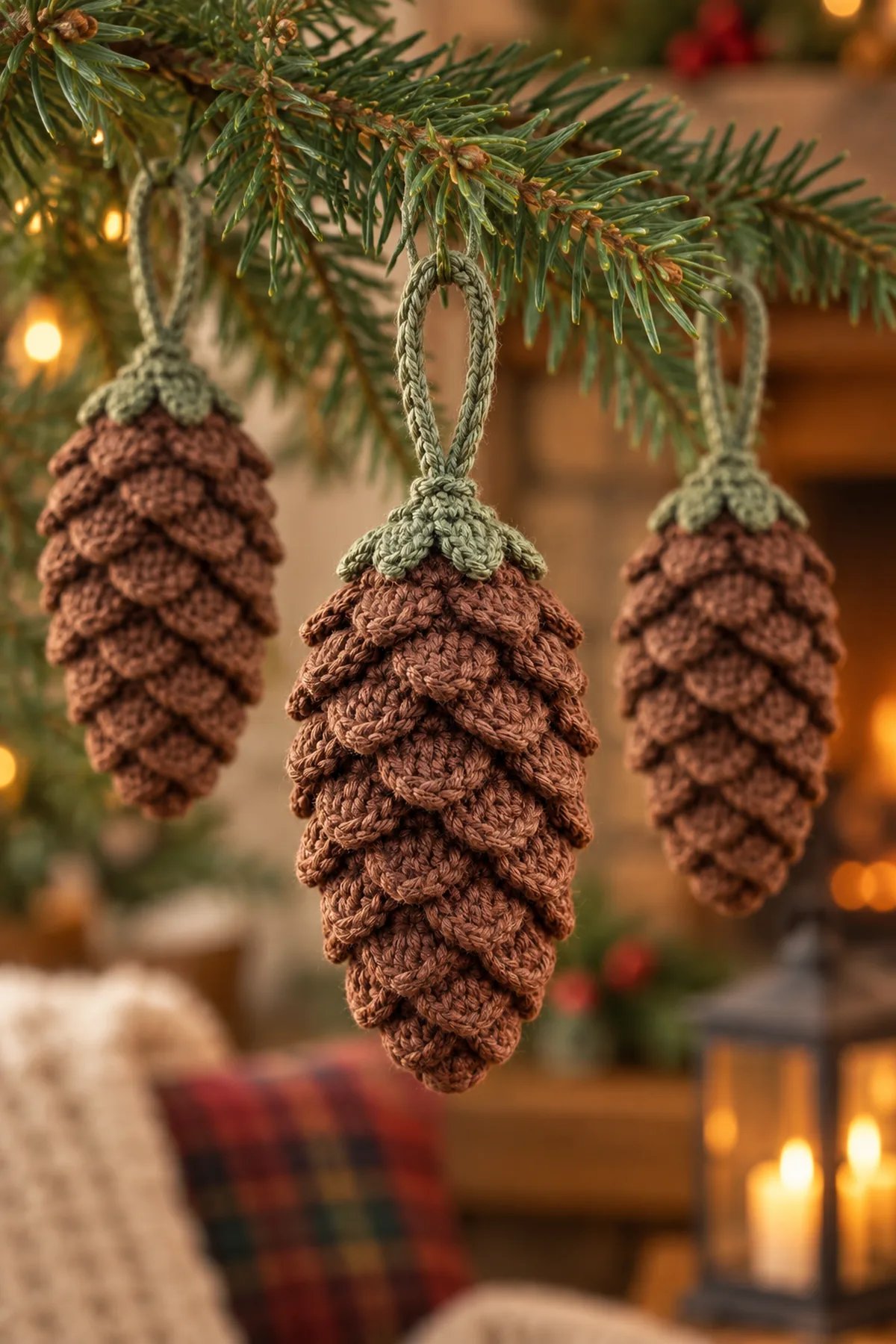 Crochet pine cone ornaments hanging from an autumn evergreen branch