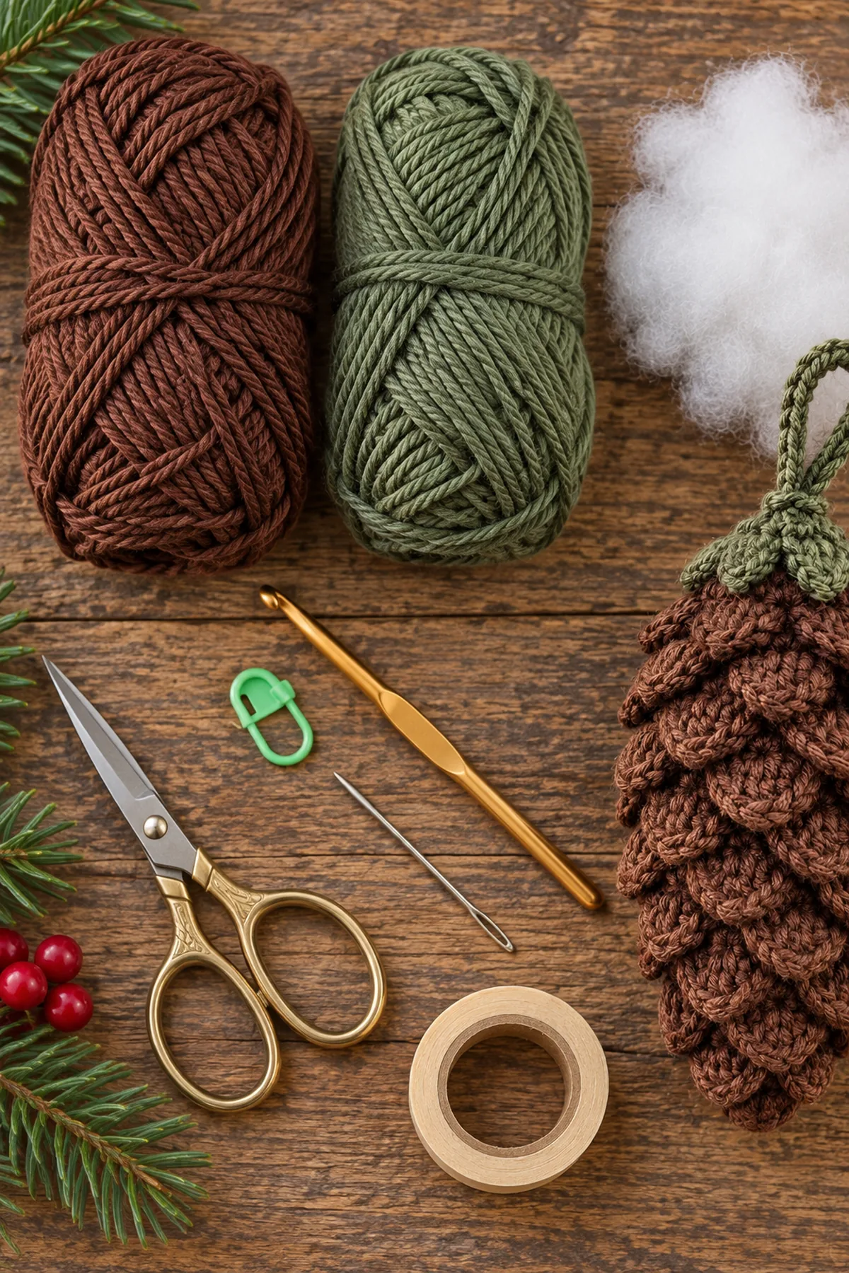 Brown and evergreen yarn hook stuffing marker needle and scissors for pine cone ornament
