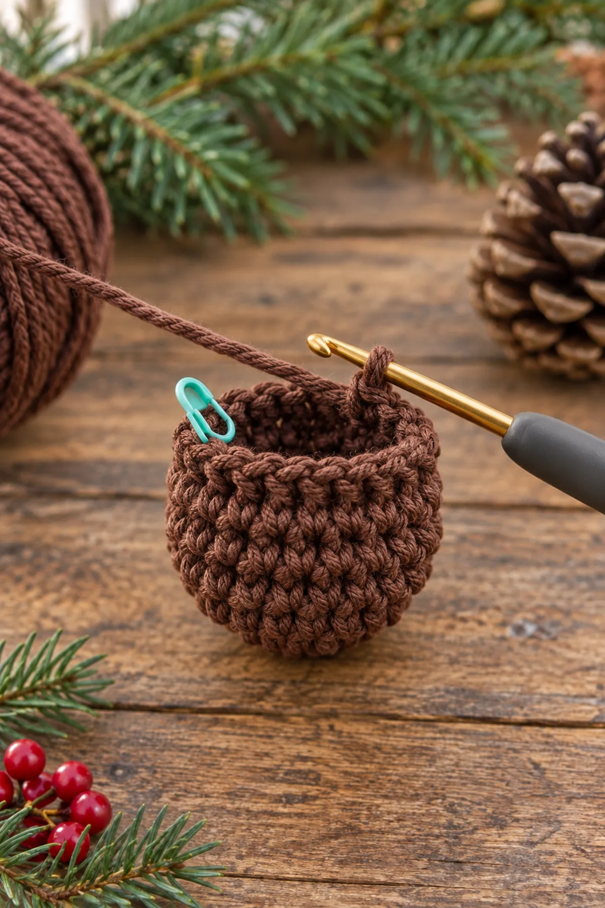 Small brown crochet pine cone body worked in continuous rounds