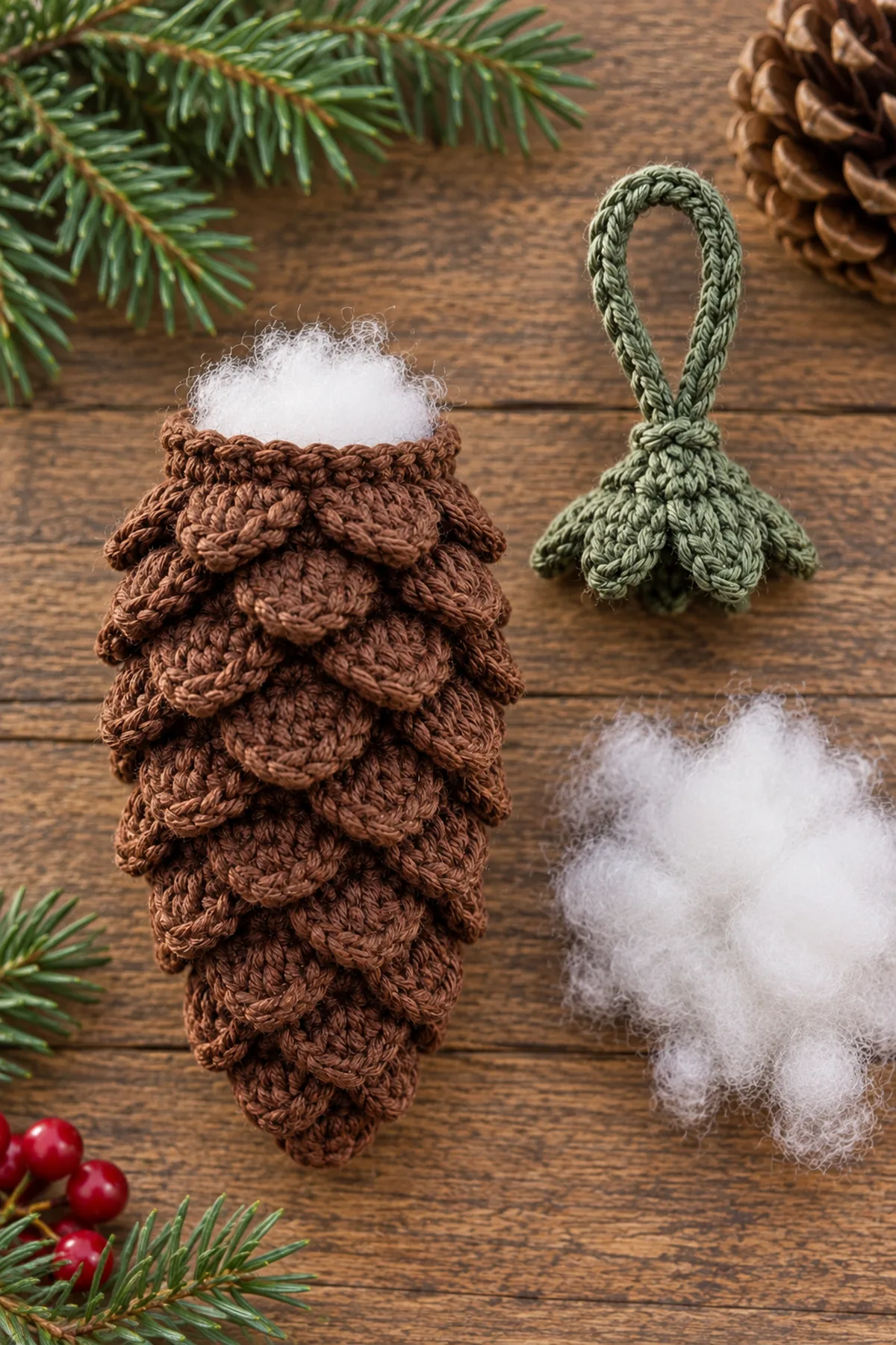 Stuffed pine cone body with staggered bobble scales before the cap is added