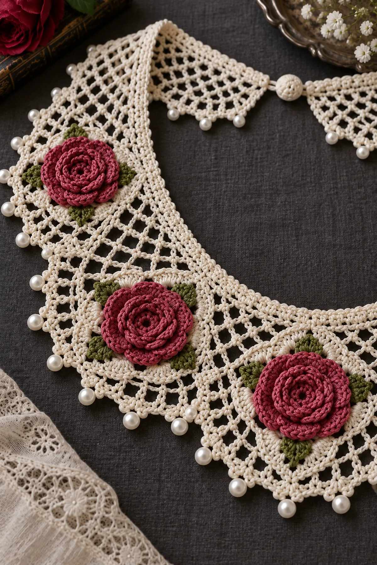 Close-up of thread crochet rose padded petals green sepals fine mesh and pearl picots