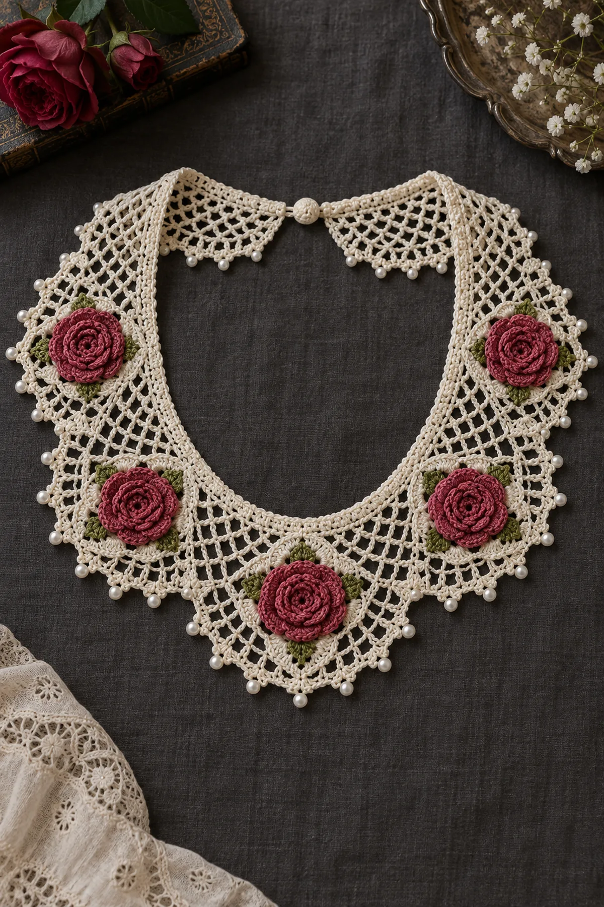 Finished ecru crochet Tudor rose lace collar with five deep rose flowers green sepals and pearl picot edge