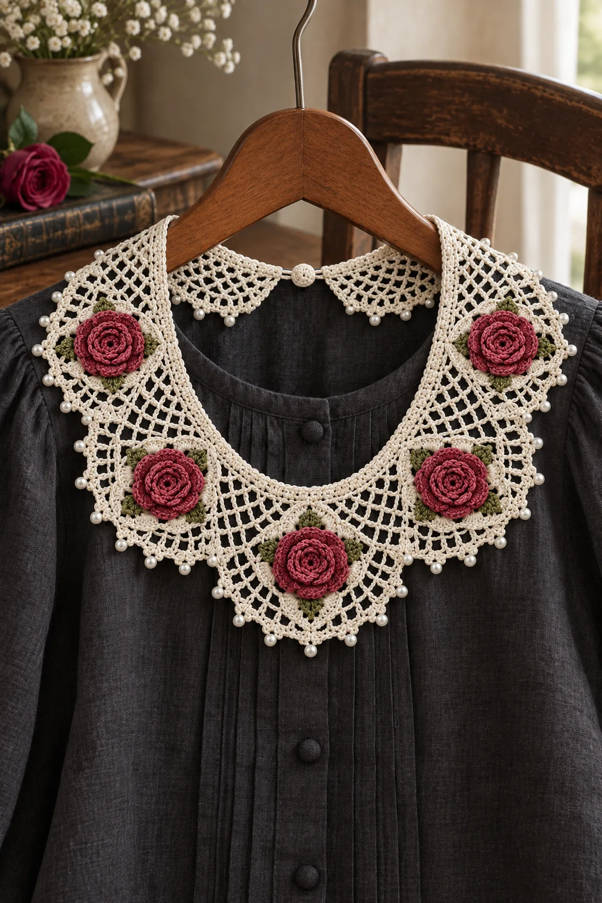 Tudor rose crochet lace collar styled over a simple dark linen blouse
