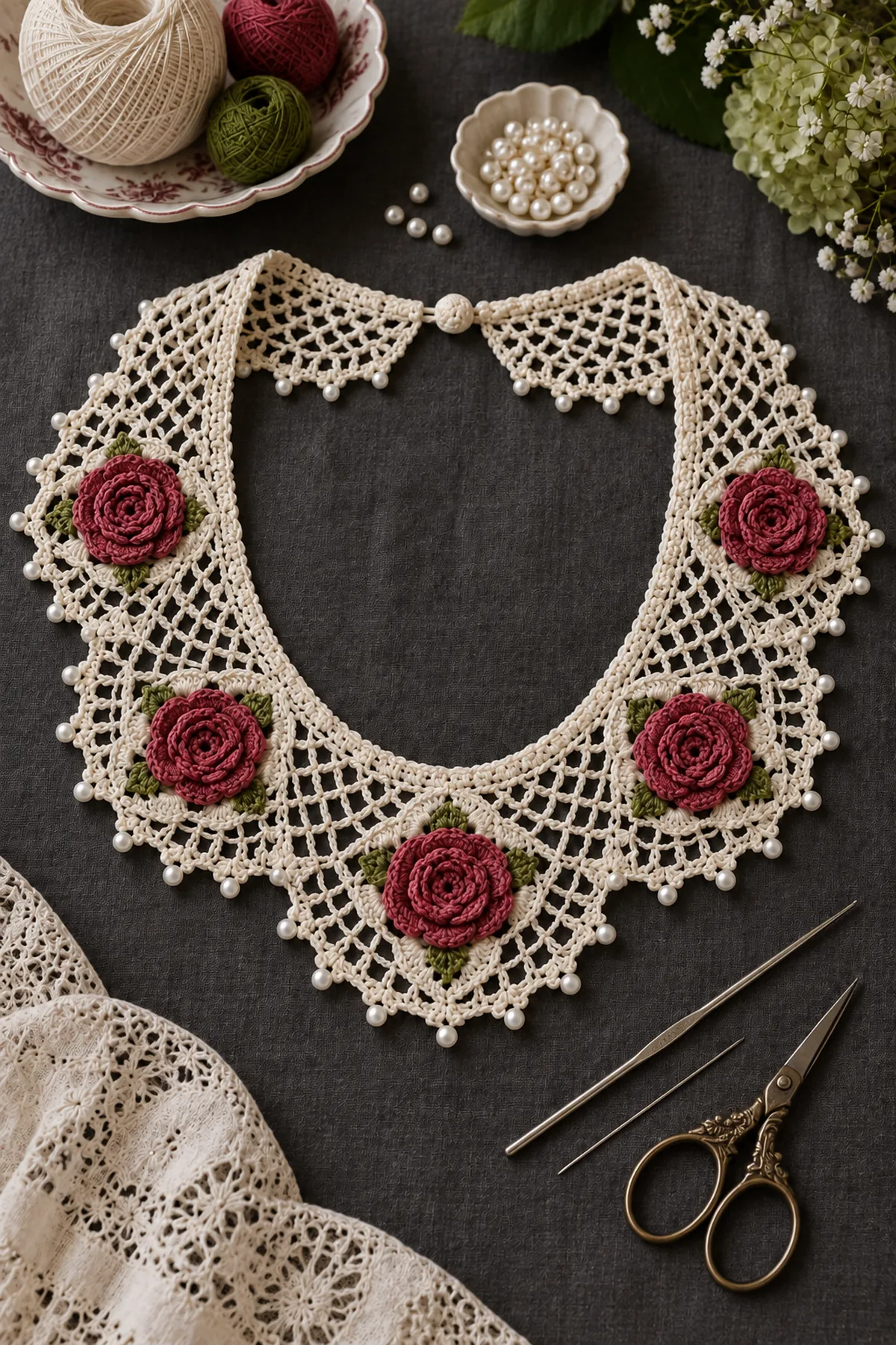 Ecru rose and moss size 10 crochet thread fine hook pearl button markers needle and scissors