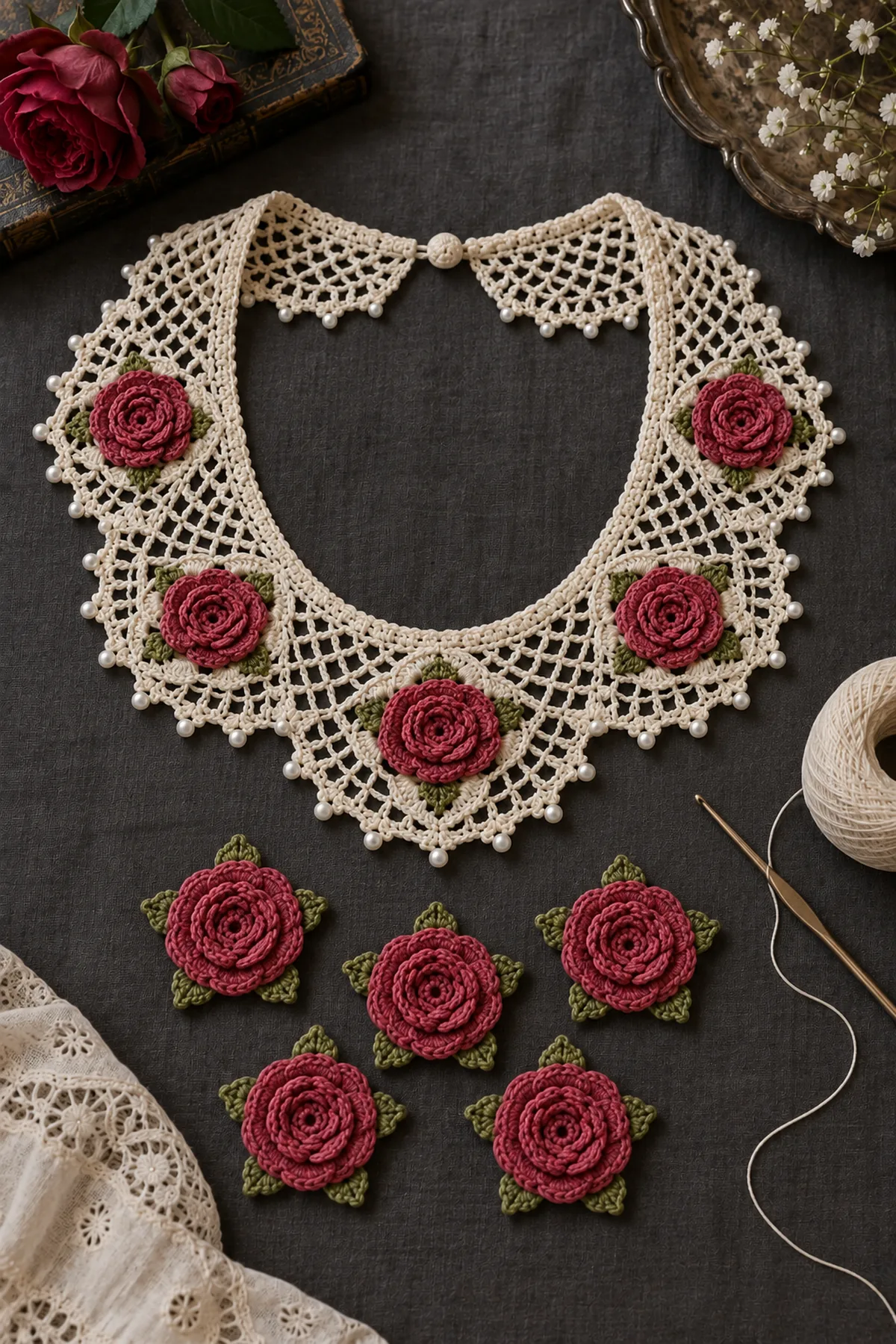 Five layered Tudor rose motifs beside the partly completed lace collar yoke