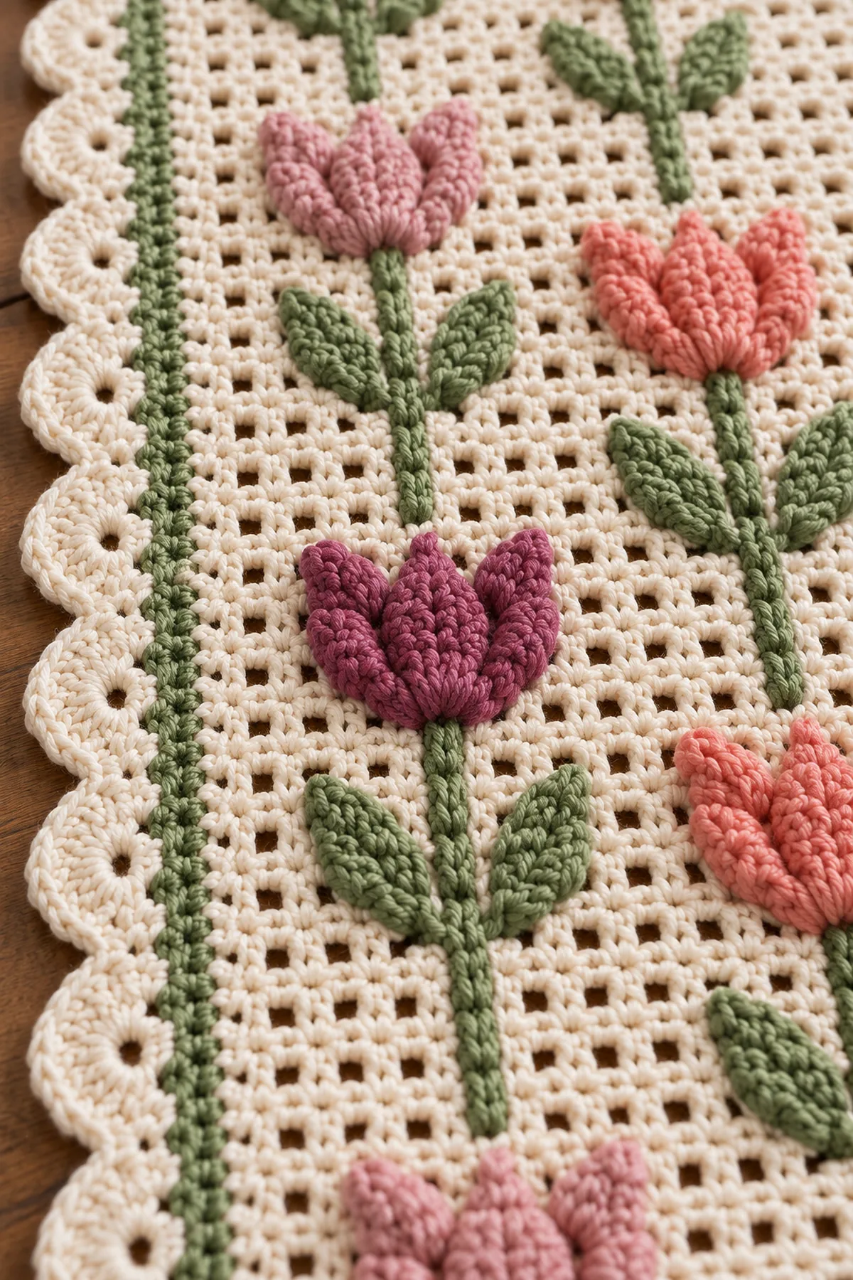Close-up of raised tulip popcorn clusters sage post-stitch stems cream filet lattice and scalloped border